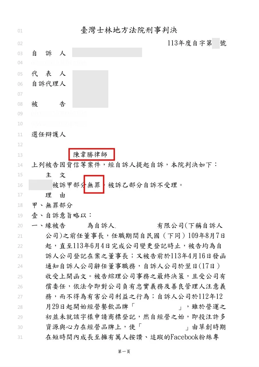 【無罪】背信罪,成功獲得無罪判決!