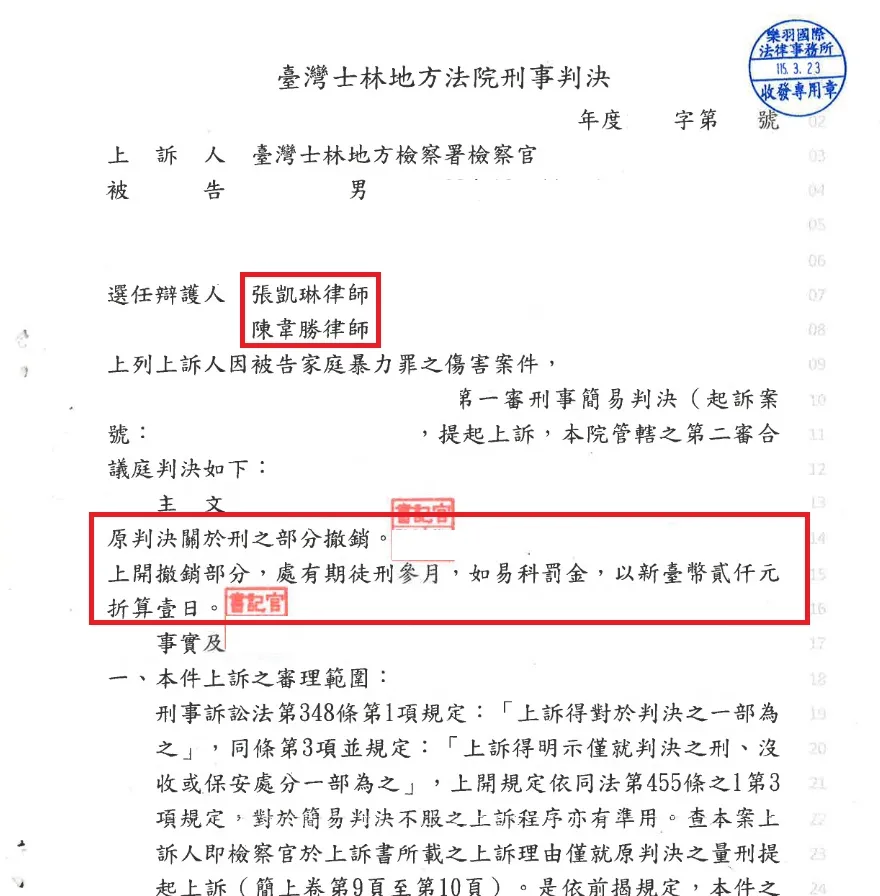 【減刑】家庭暴力傷害案件,阻止檢方上訴成功,更協助爭取到降低刑度!