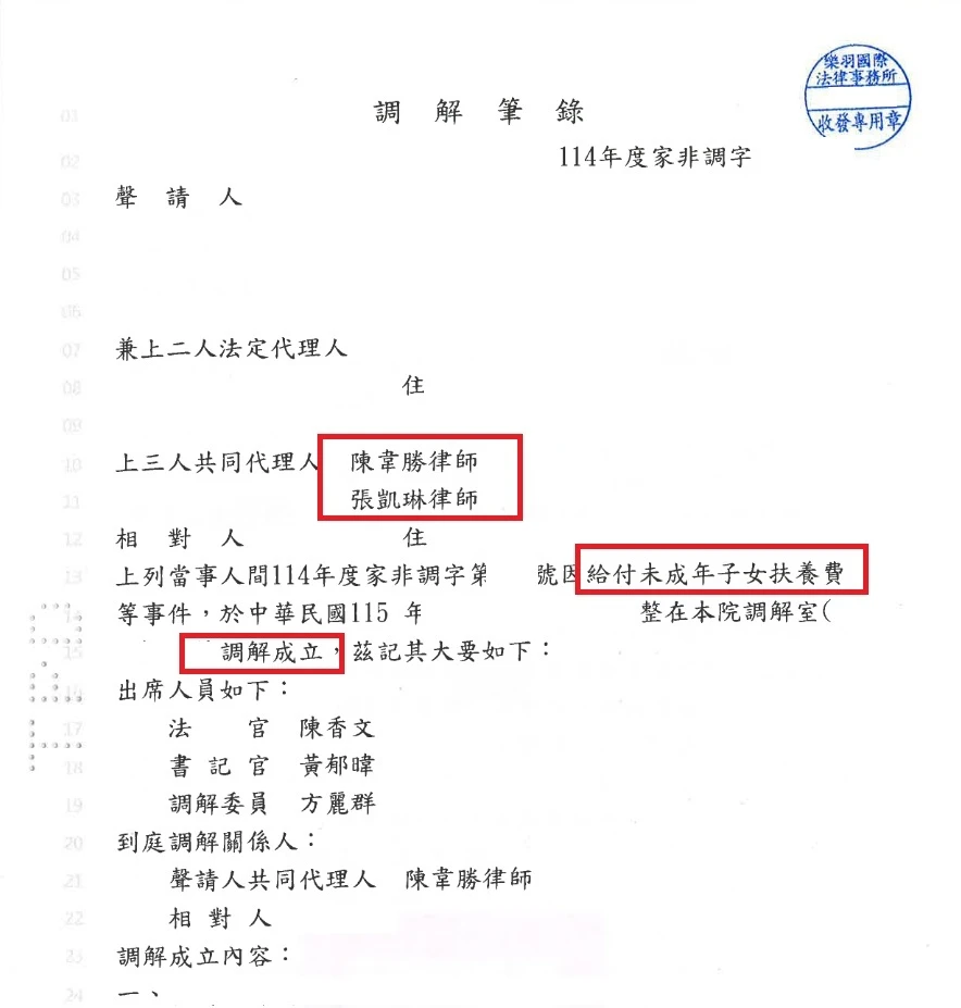 【調解成功】給付未成年子女扶養費事件,順利達成和解!
