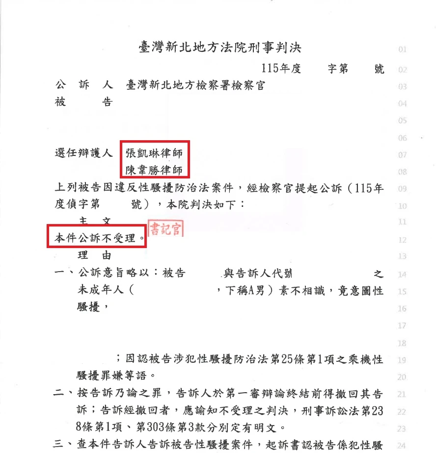 【不受理】性騷擾刑事案件,協助當事人達成和解,讓告訴人撤回告訴!