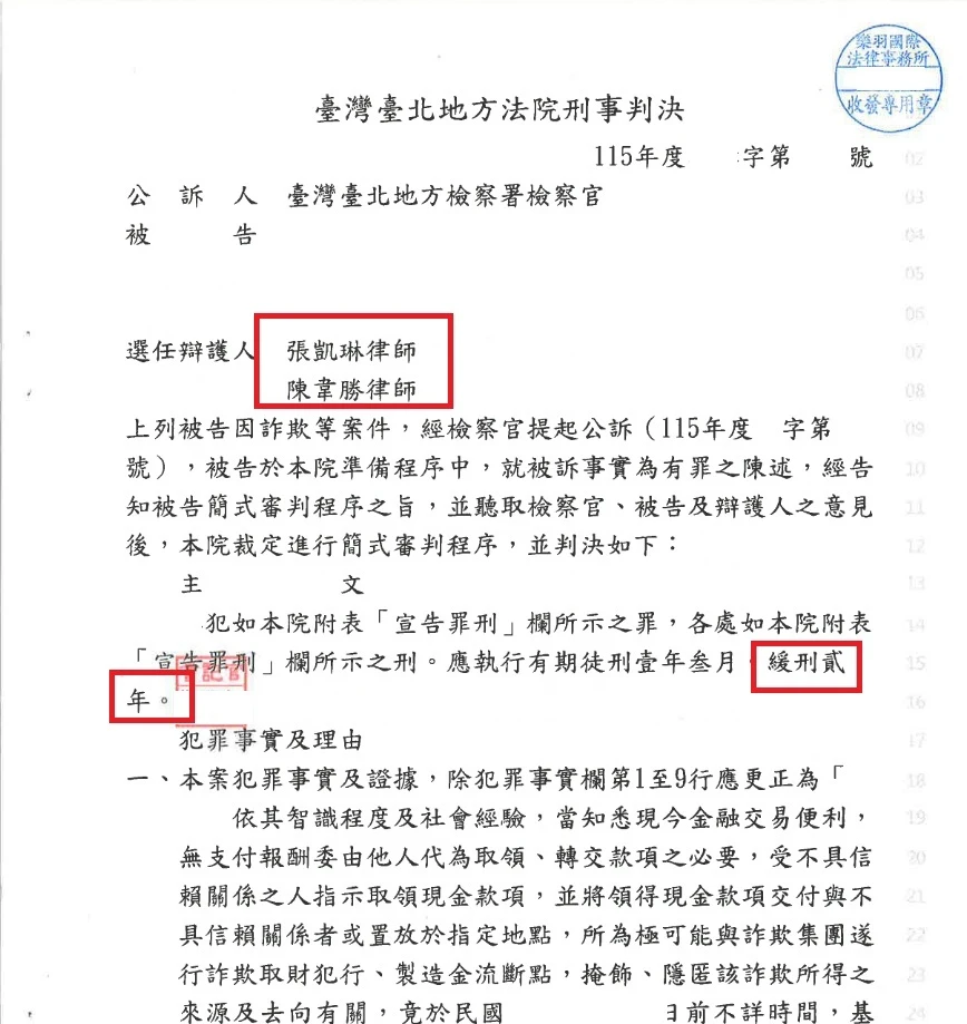 【緩刑】6名被害人之車手詐欺案，成功爭取二年緩刑！
