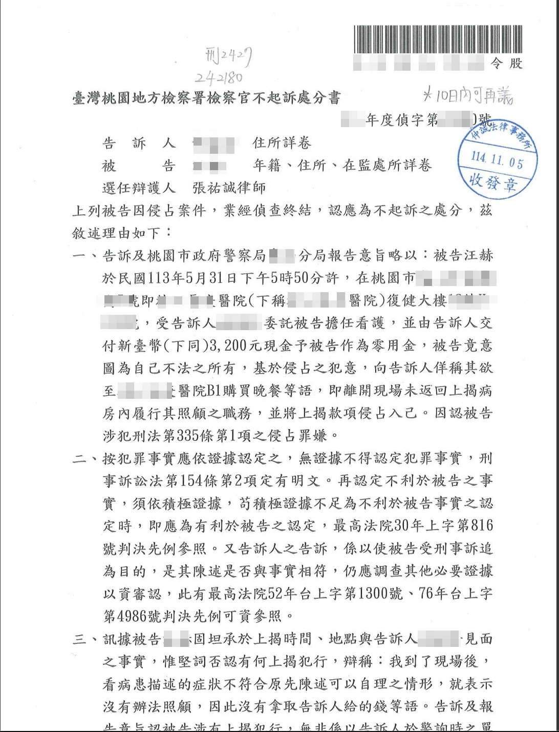 【成功案例】受雇看護遭控侵吞零用金?張祐誠律師以證據不足爭取不起訴!