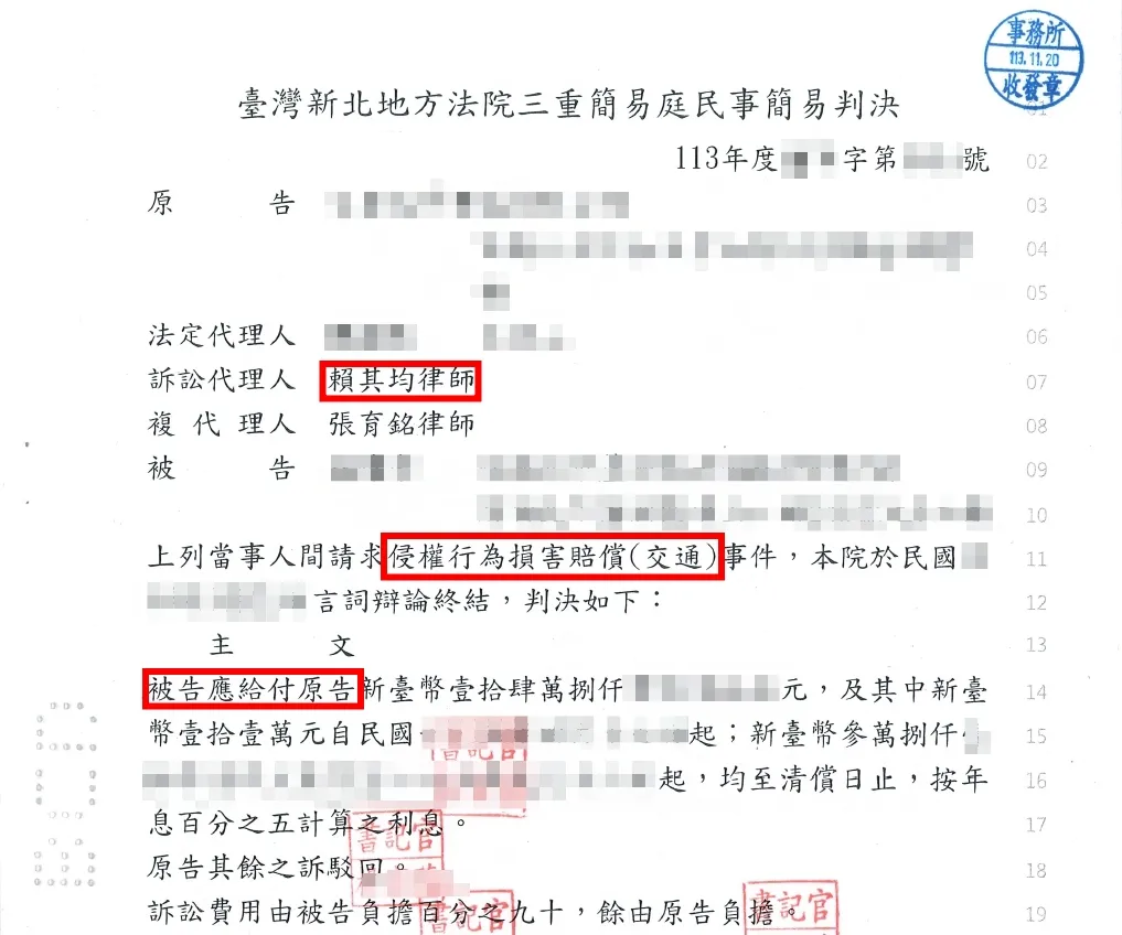 車禍損失求償勝訴-台北車禍訴訟律師/中正區車禍訴訟律師