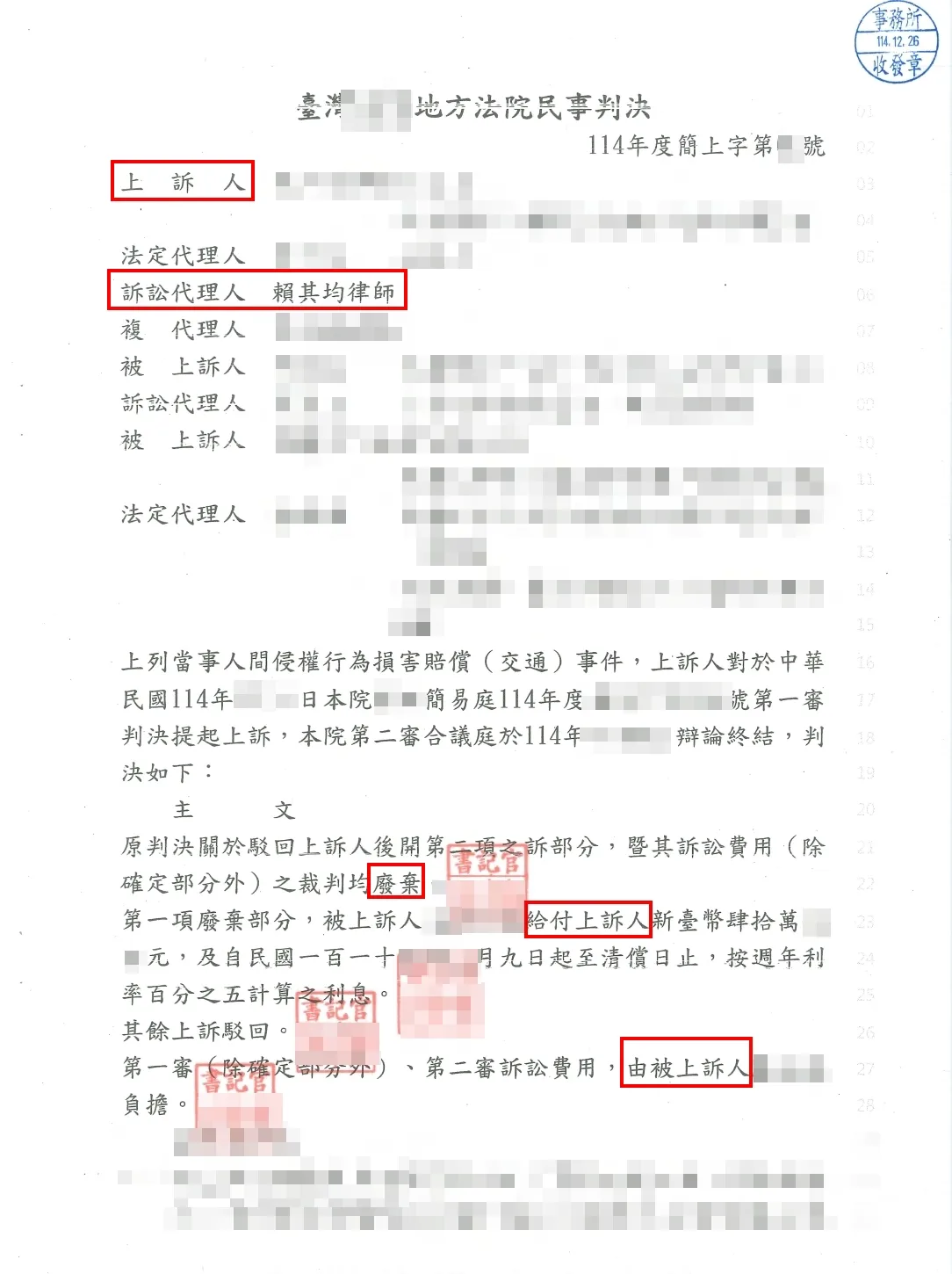 上訴改判全額勝訴-中正區民事律師/中正區民事訴訟律師