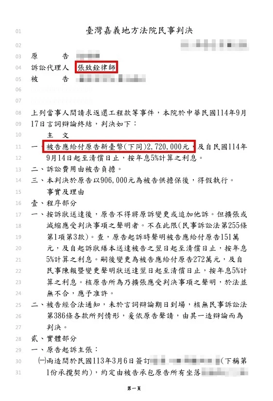 【勝訴】返還工程款