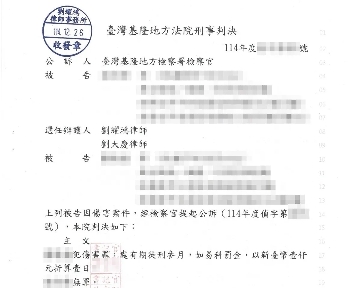<順利協助當事人取得無罪判決,並且成功讓被告定罪>