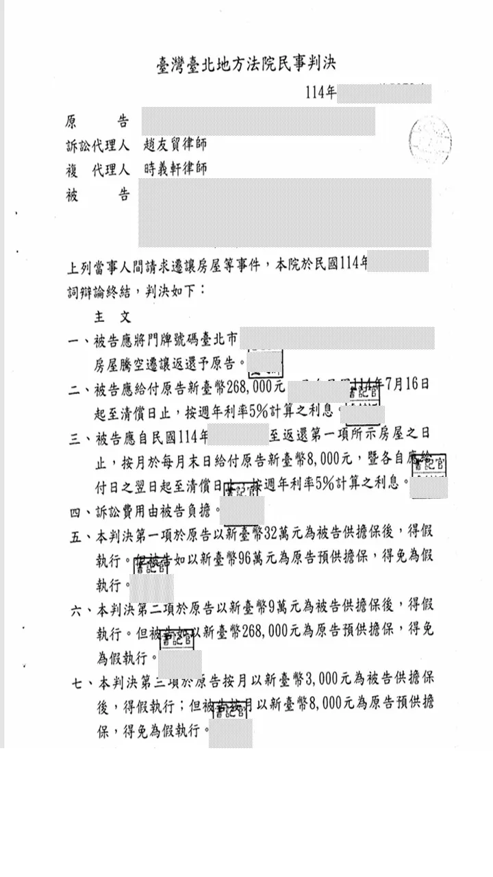 本所律師為委託人代理【遷讓房屋等事件】，獲判被告遷讓房屋並支付新臺幣26萬8仟元租金。