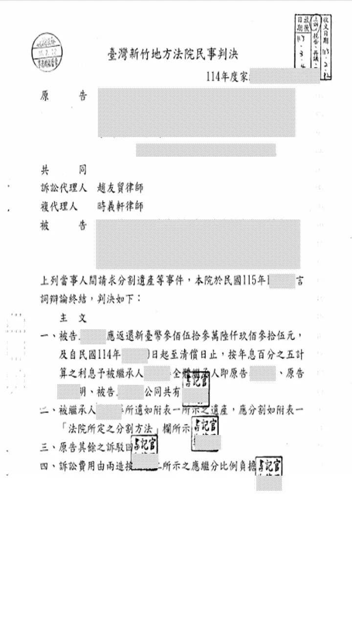 本所律師為委託人代理【分割遺產事件】，獲判被告應給付新臺幣353萬6,935元。