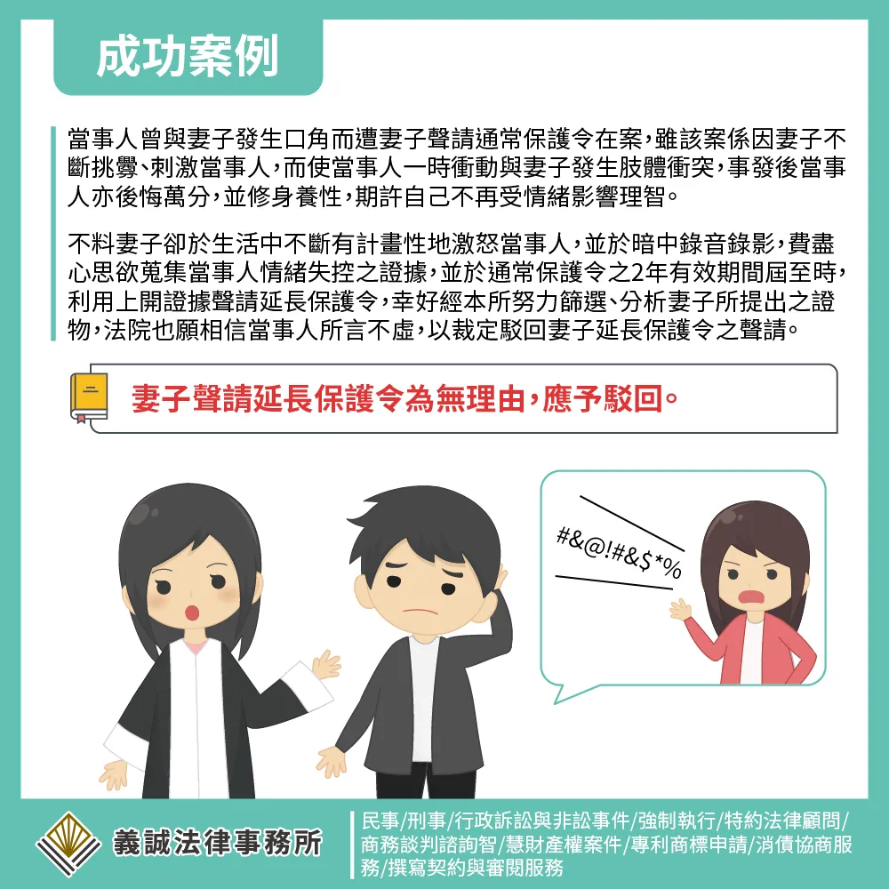 【成功案例:駁回延長保護令之聲請】離婚律師|板橋家事律師|板橋律師事務所|律師事務所