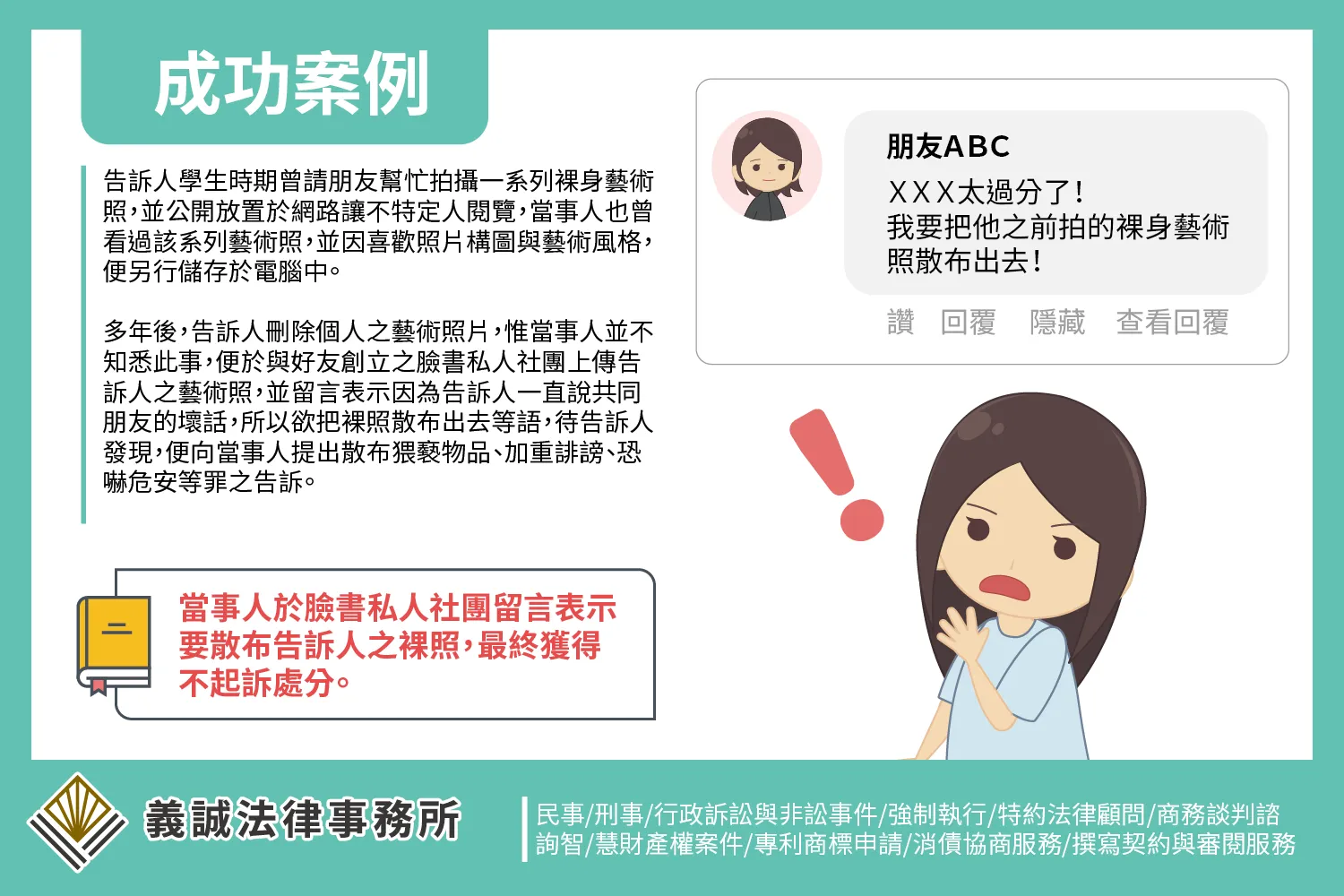 【成功案例:散布猥褻物品、恐嚇、誹謗皆不起訴】台北律師推薦|台北律師事務所|台北刑事訴訟律師|板橋法律事務所