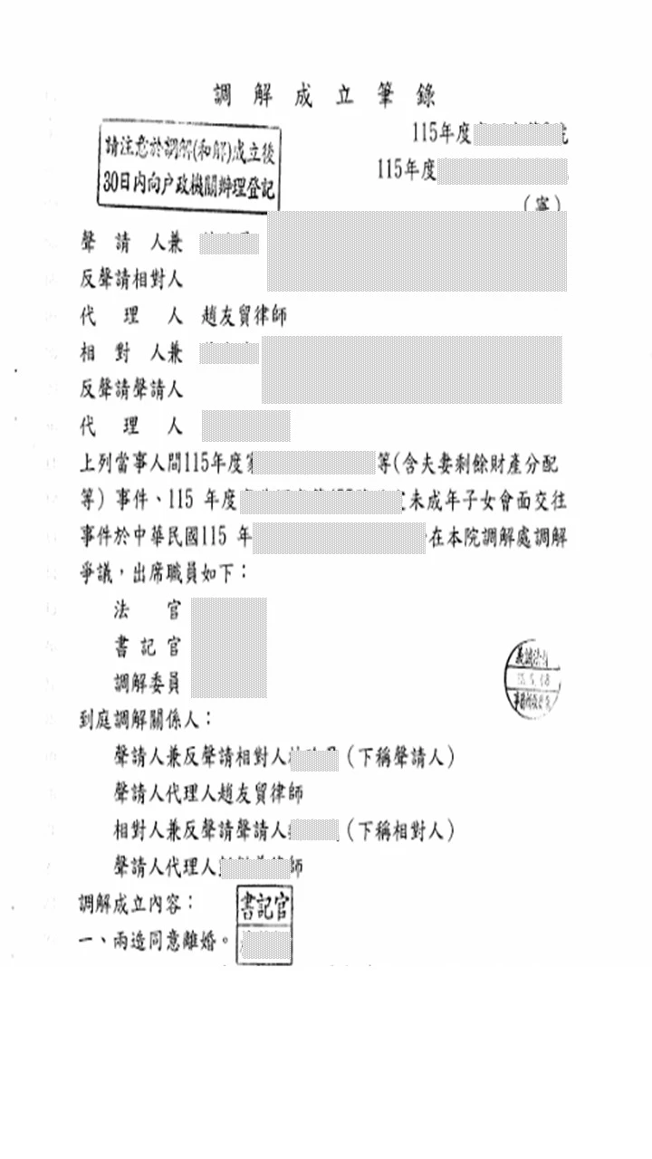 本所律師為委託人【離婚等事件】，調解成立，對方應給付剩餘財產新臺幣350萬元等。