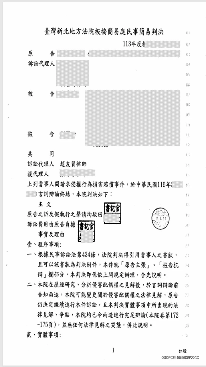 本所律師為委託人代理被告辯護【侵權行為損害賠償案件】獲得勝訴判決，原告之訴駁回。