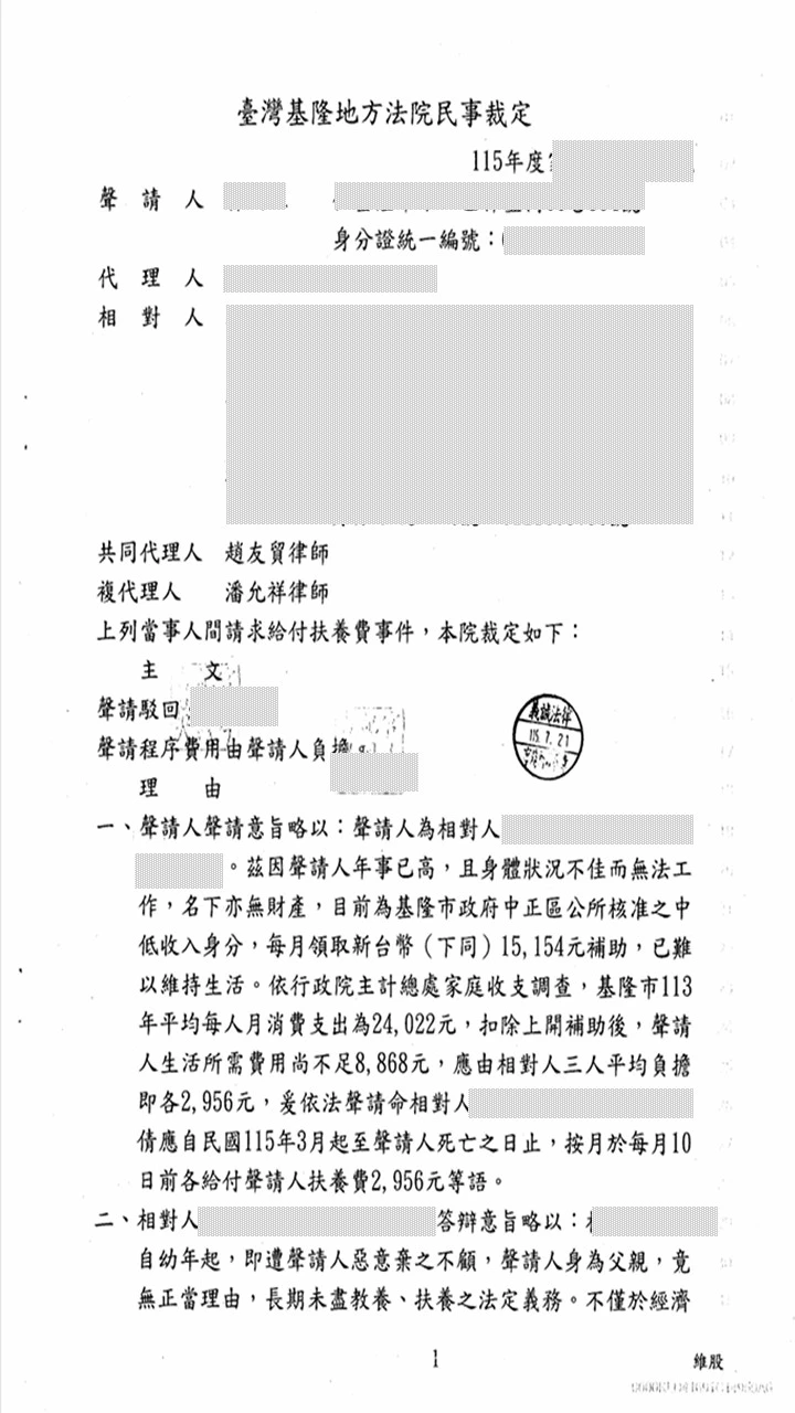 本所律師為委託人辯護【請求減輕或免除扶養義務案件】，獲准免除扶養義務，相對人聲請駁回。家事律師推薦｜板橋家事律師｜板橋律師