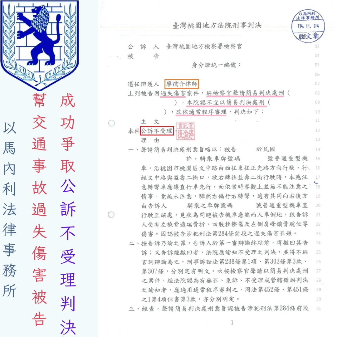 幫交通事故過失傷害被告，成功爭取公訴不受理判決