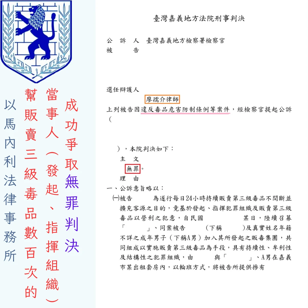 幫販賣第三級毒品數百次的當事人(發起、指揮組織)，成功爭取無罪判決
