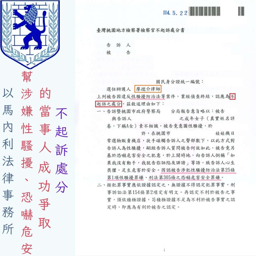 幫涉嫌性騷擾、恐嚇危安的當事人，成功爭取不起訴處分