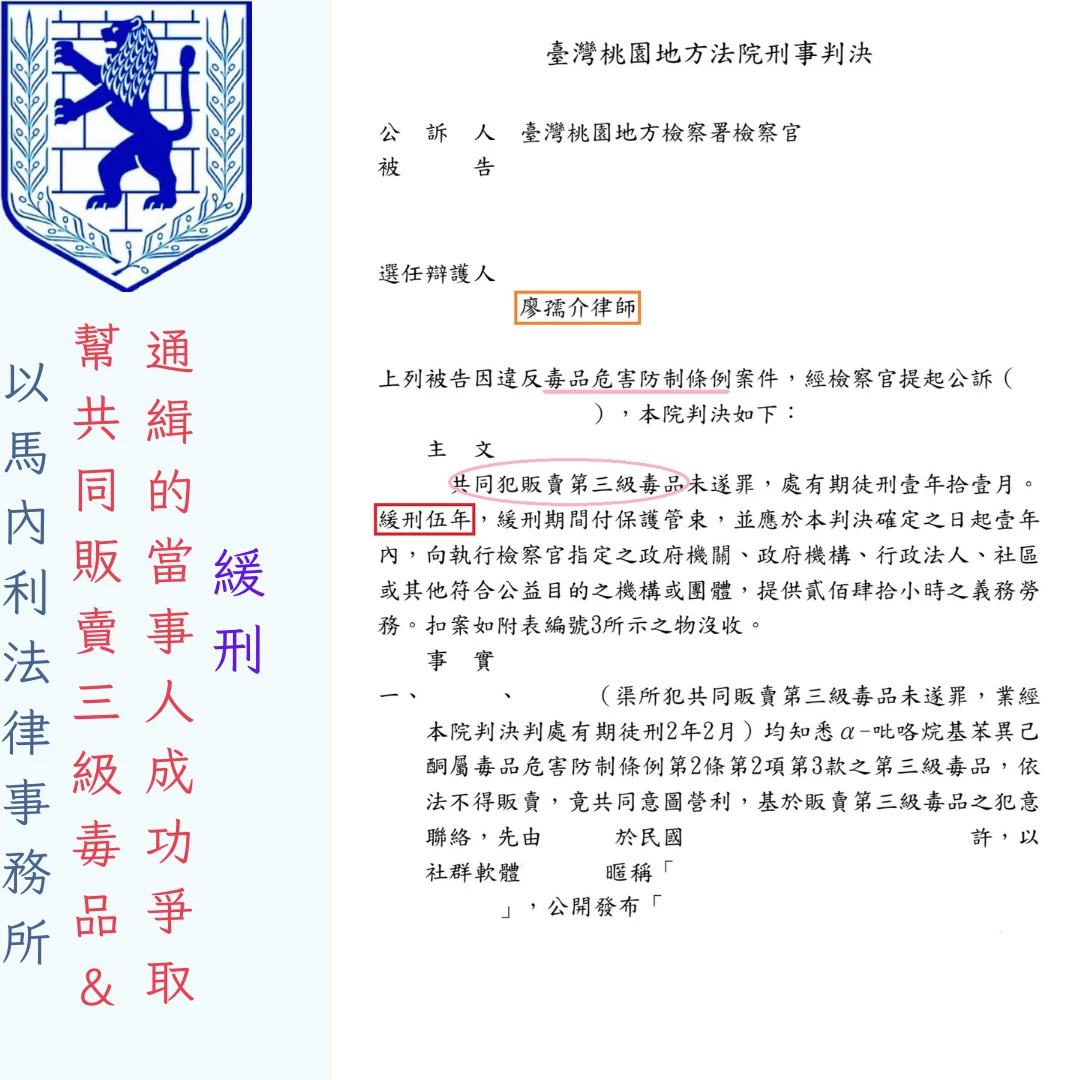 幫共同販賣三級毒品&通緝的當事人成功爭取緩刑