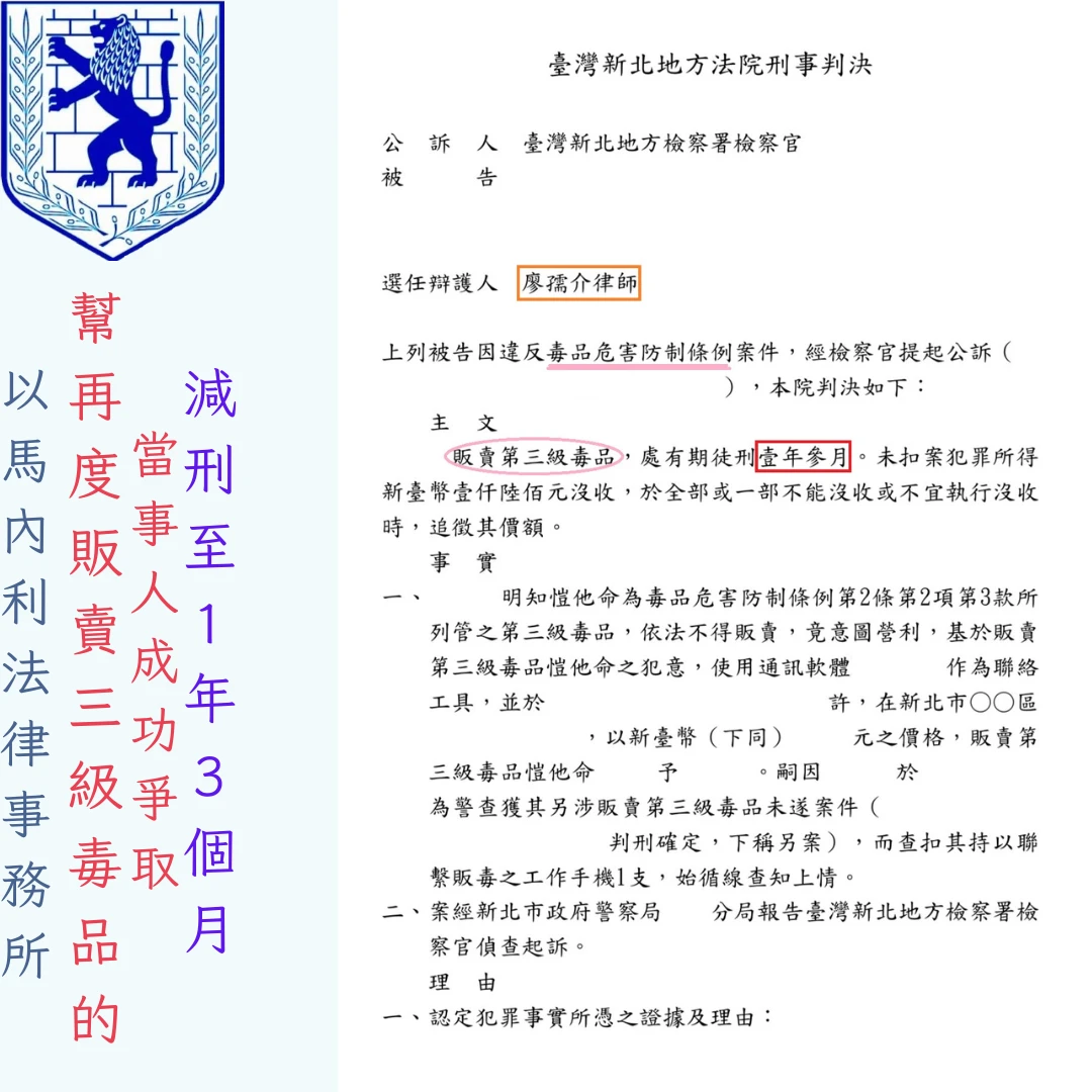 幫再度販賣三級毒品的當事人成功爭取減刑至1年3個月