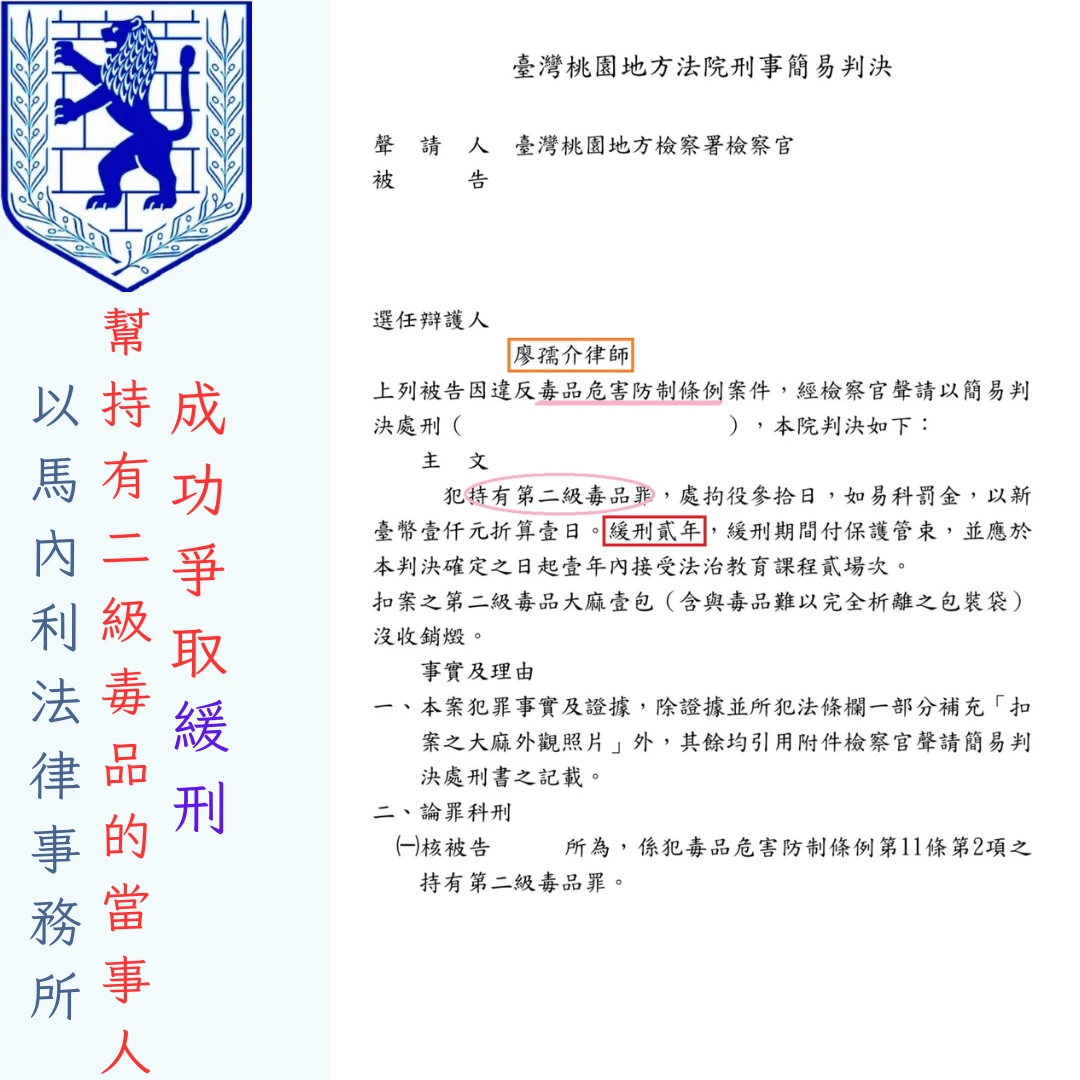幫持有二級毒品的當事人成功爭取緩刑