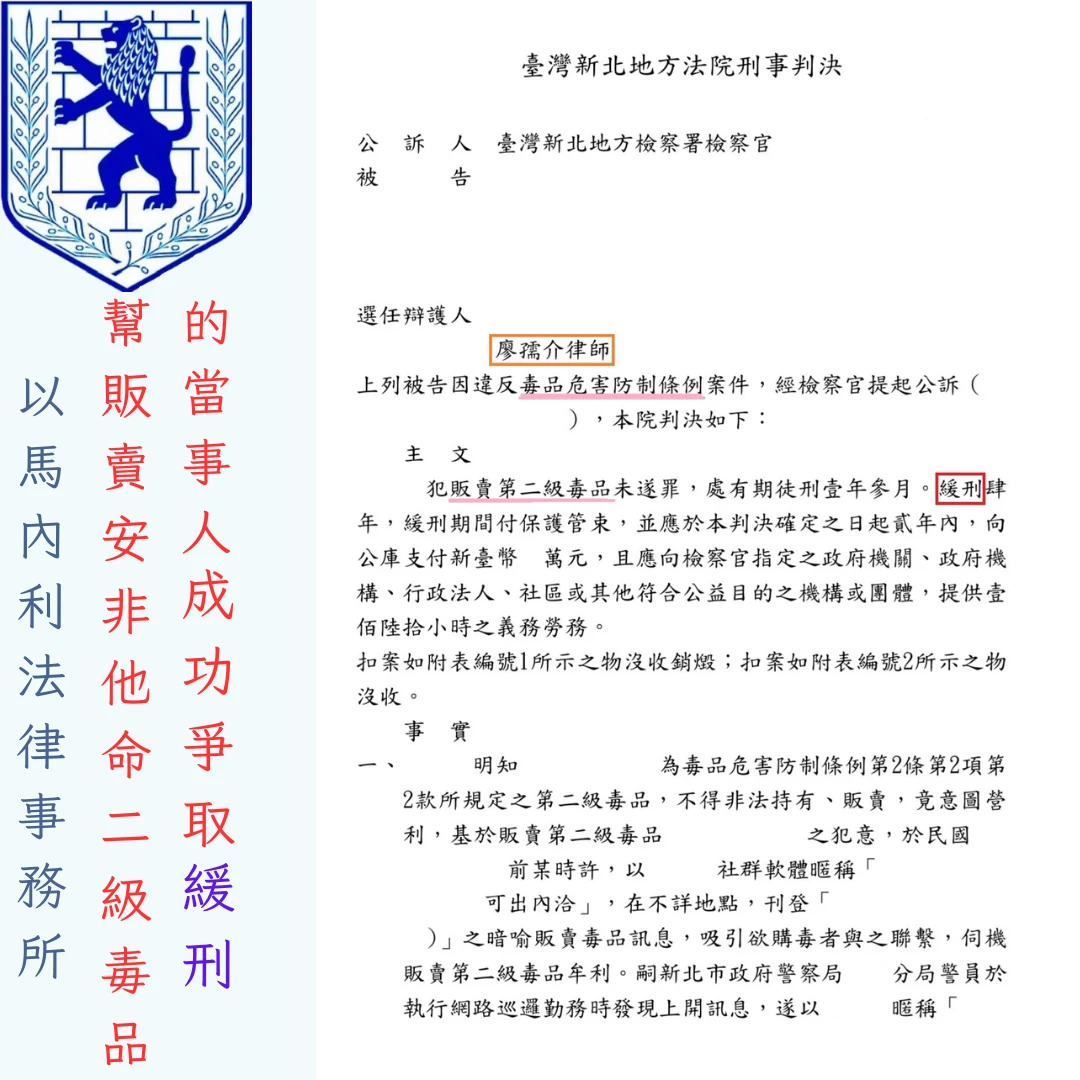 幫販賣安非他命(二級毒品)的當事人成功爭取緩刑
