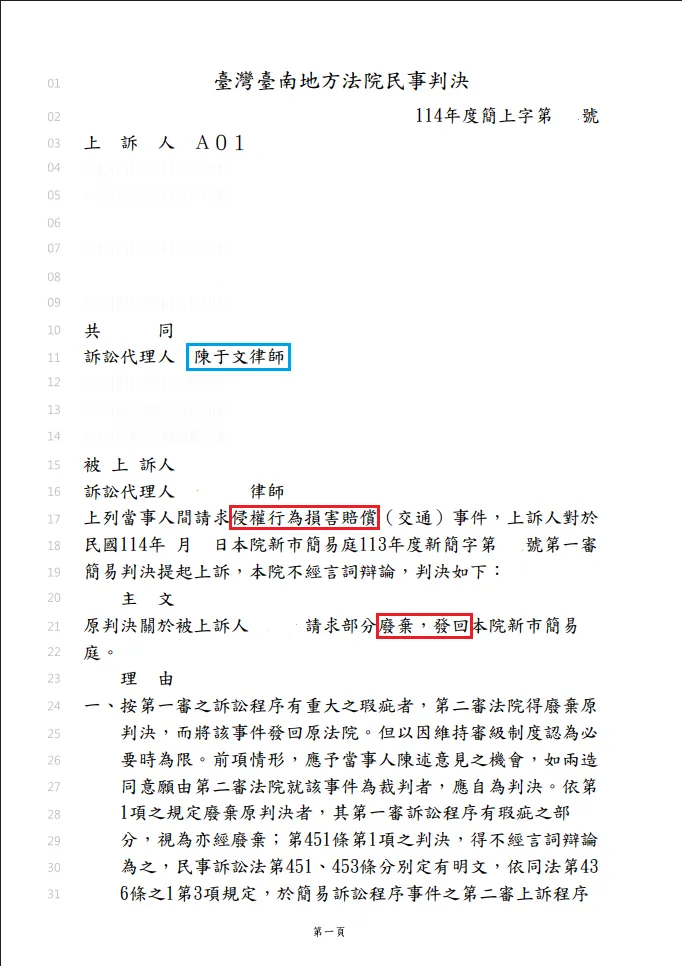 【判決實例:侵權行為損害賠償】交通事故|車禍