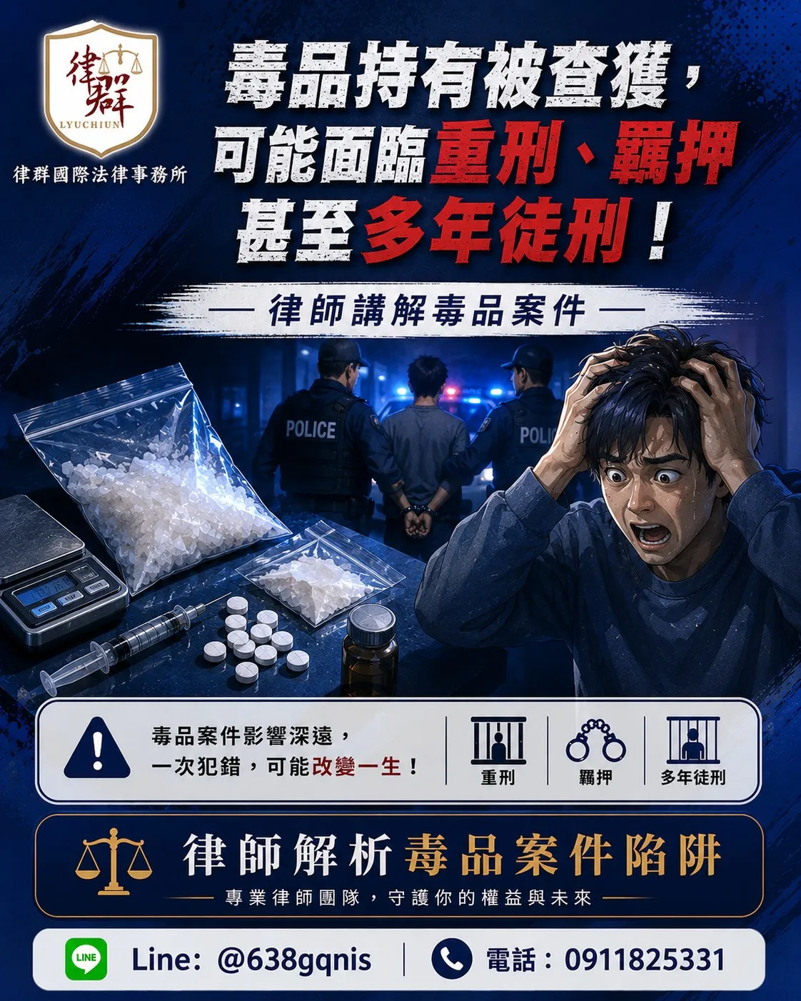 毒品案件一旦被查獲，可能面臨重刑、羈押甚至多年徒刑！