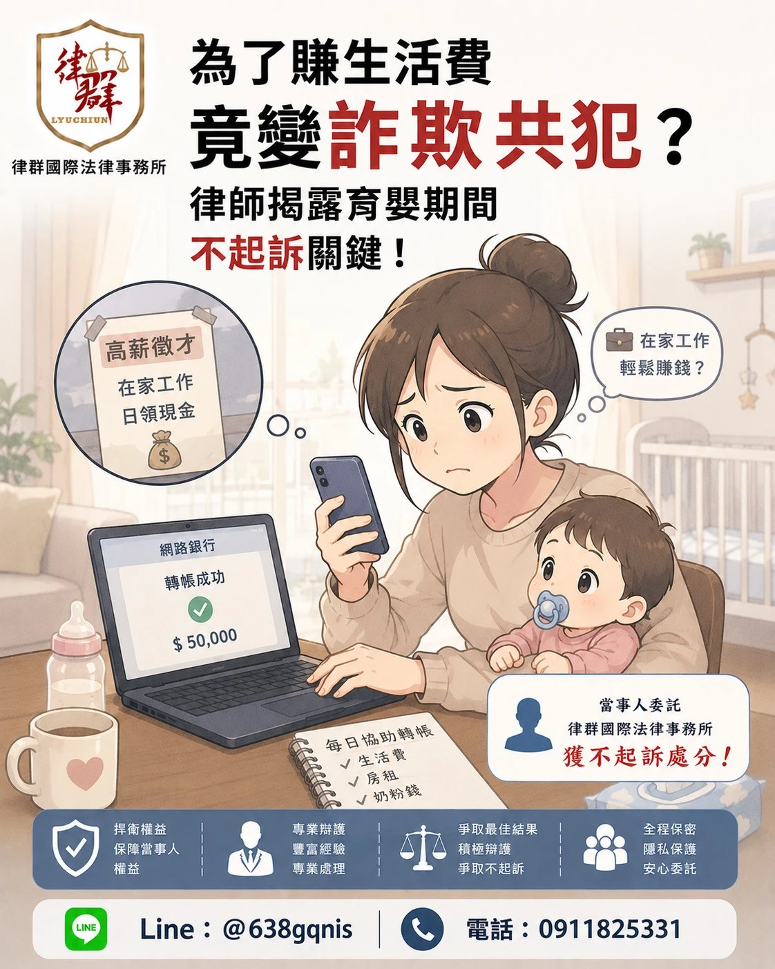 為了賺生活費竟變詐欺共犯?律師揭露育嬰期間不起訴關鍵!