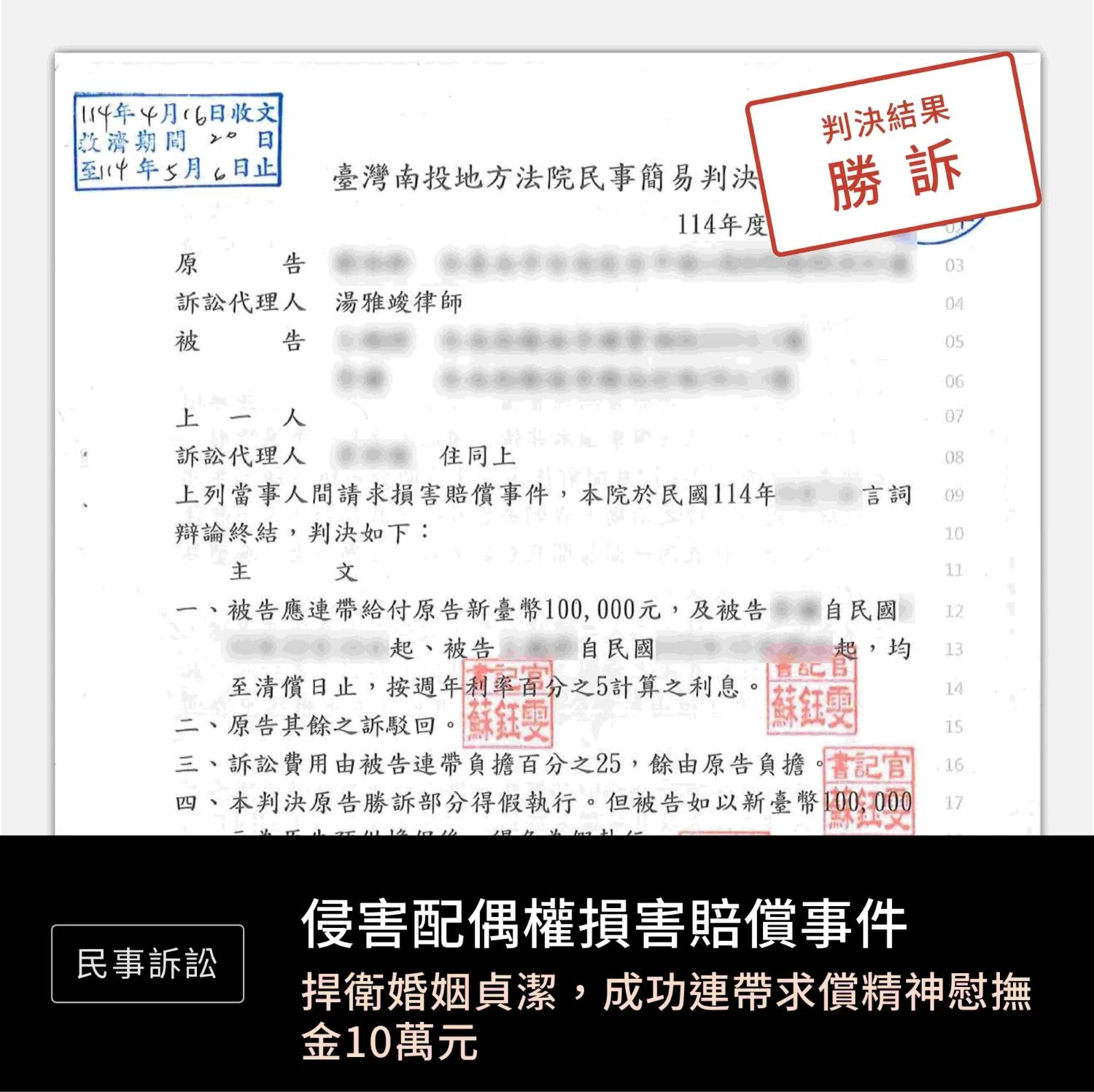 侵害配偶權損害賠償—勝訴