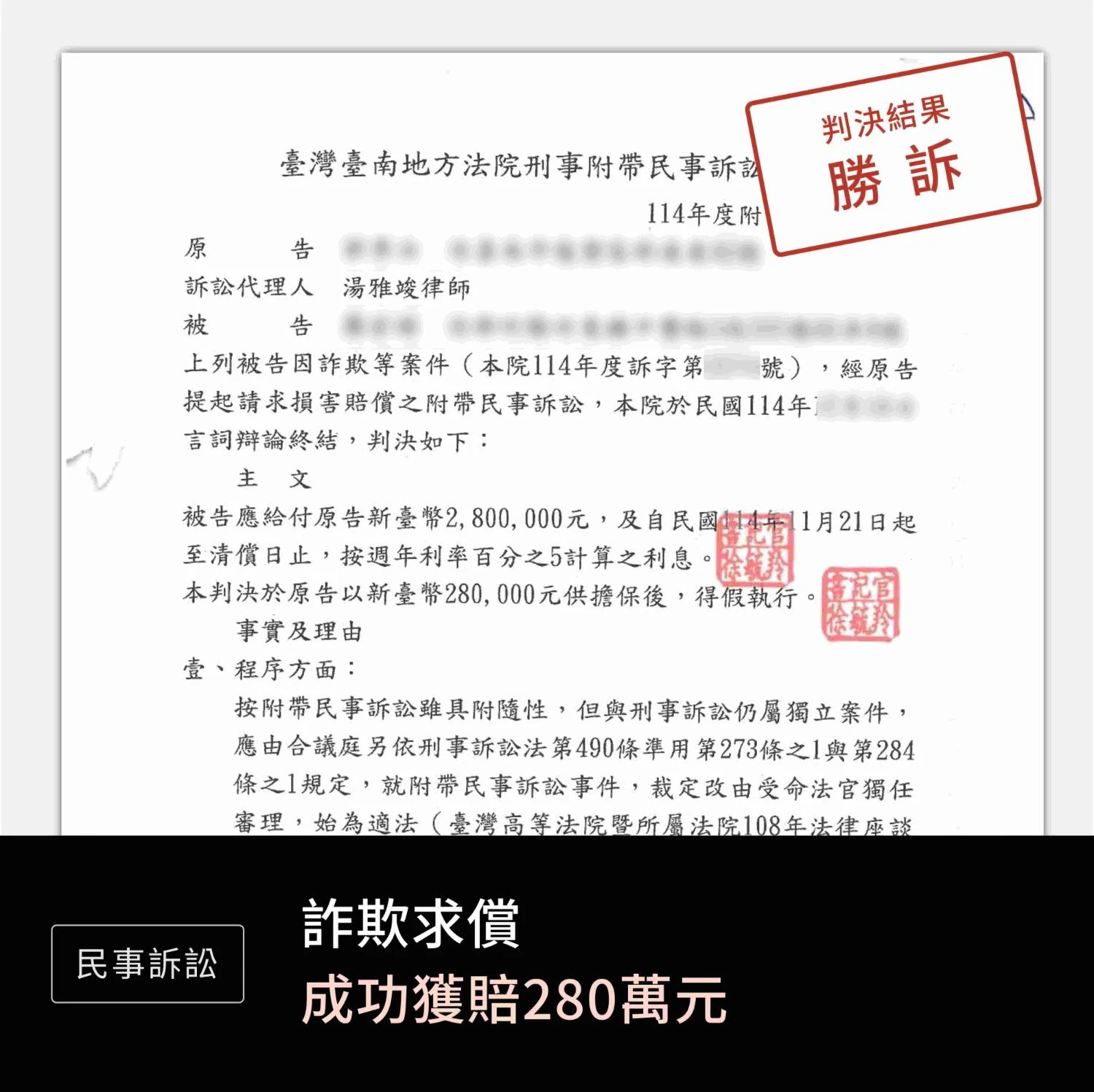詐欺求償280萬—勝訴
