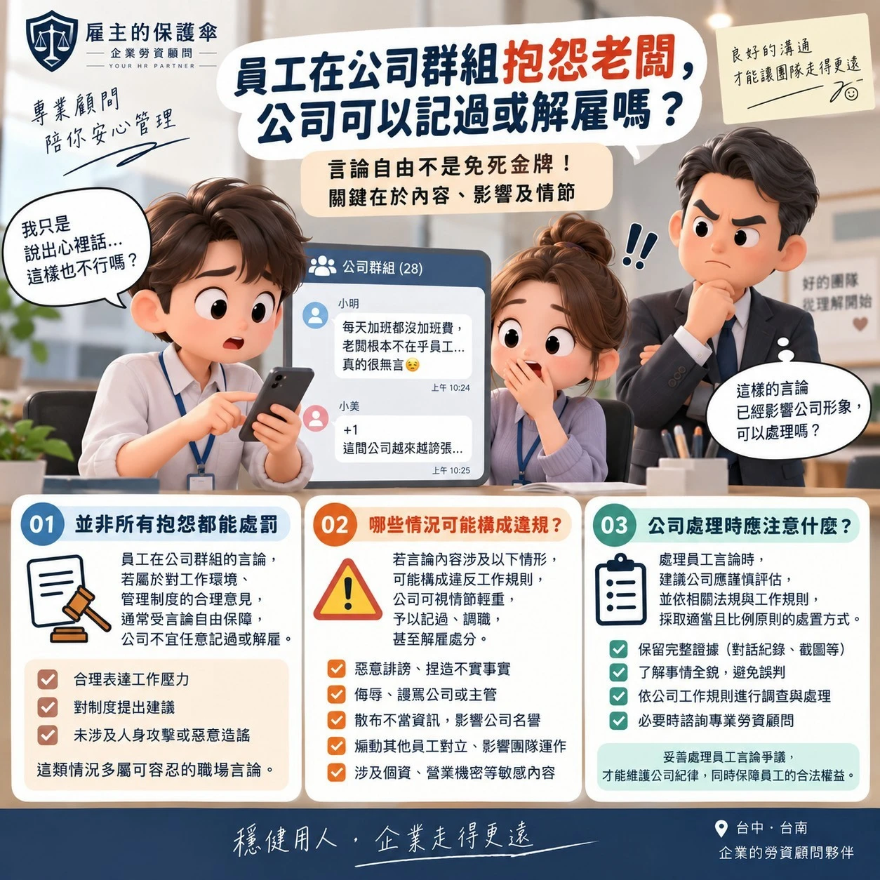 員工在公司群組抱怨老闆,公司可以記過或解雇嗎?