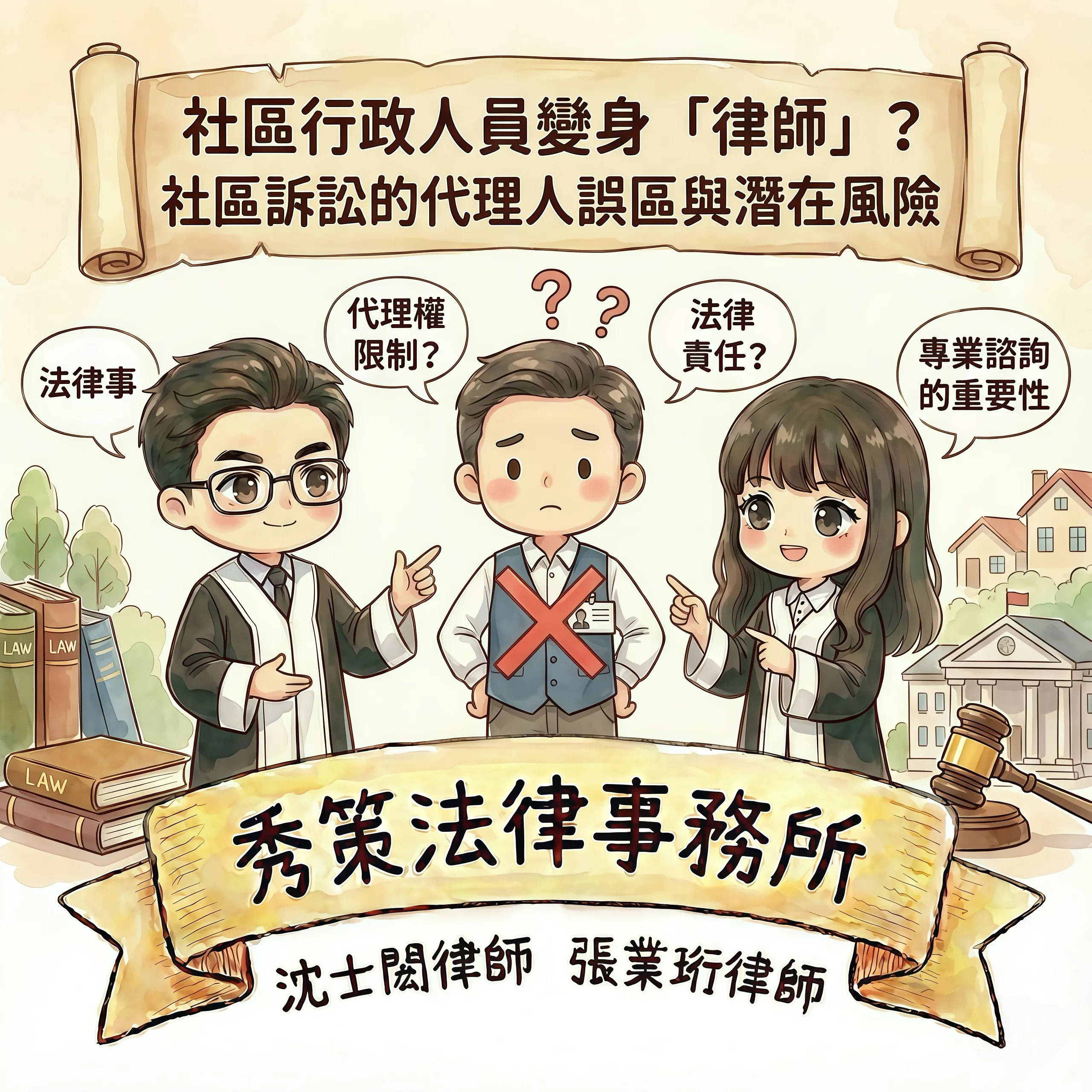 社區行政人員變身「律師」?社區訴訟的代理人誤區與潛在風險 社區法律顧問 / 新莊區律師推薦 / 台北律師推薦 / 社區訴訟律師推薦/台北律師事務所/台北律師推薦
