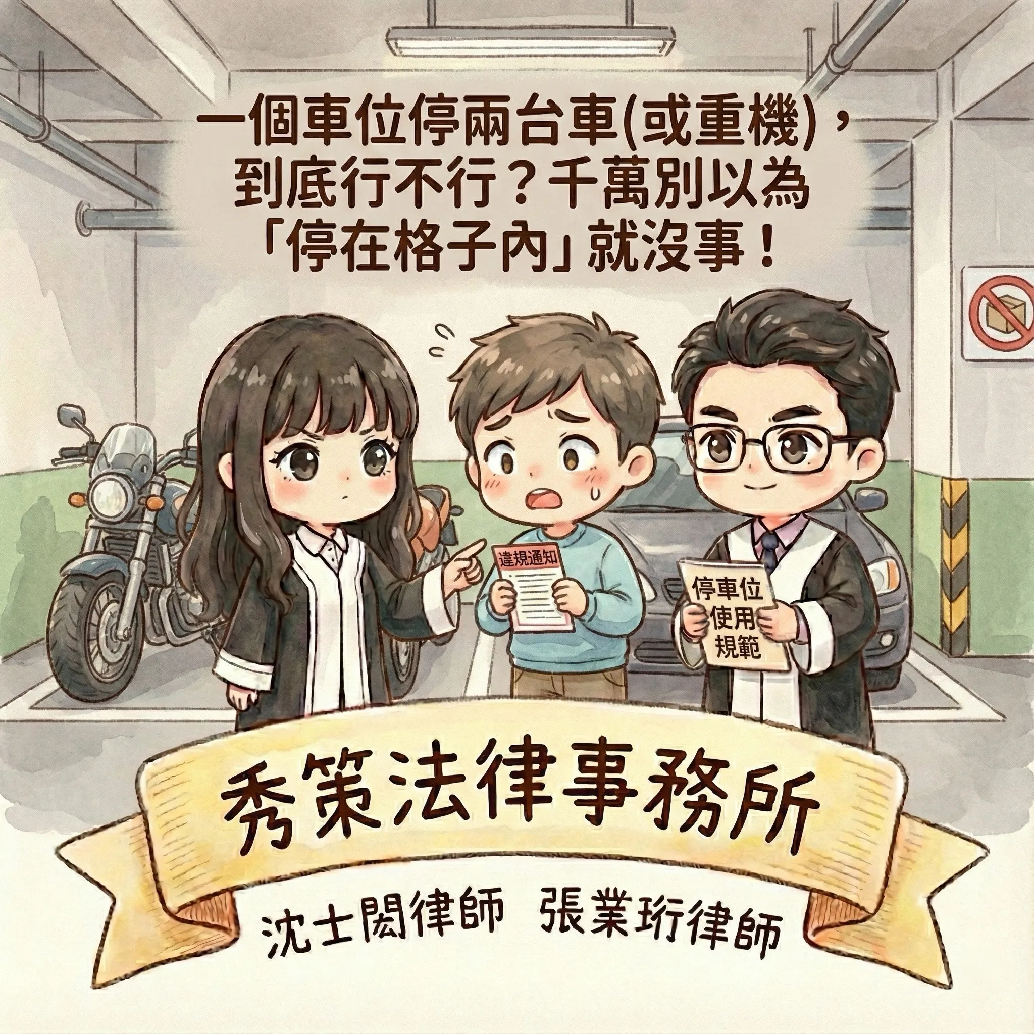 一個車位停兩台車(或重機),到底行不行?別以為「停在格子內」就沒事! 社區法律顧問 / 新莊區律師推薦 / 台北律師推薦 / 社區訴訟律師推薦/台北律師事務所/台北律師推薦