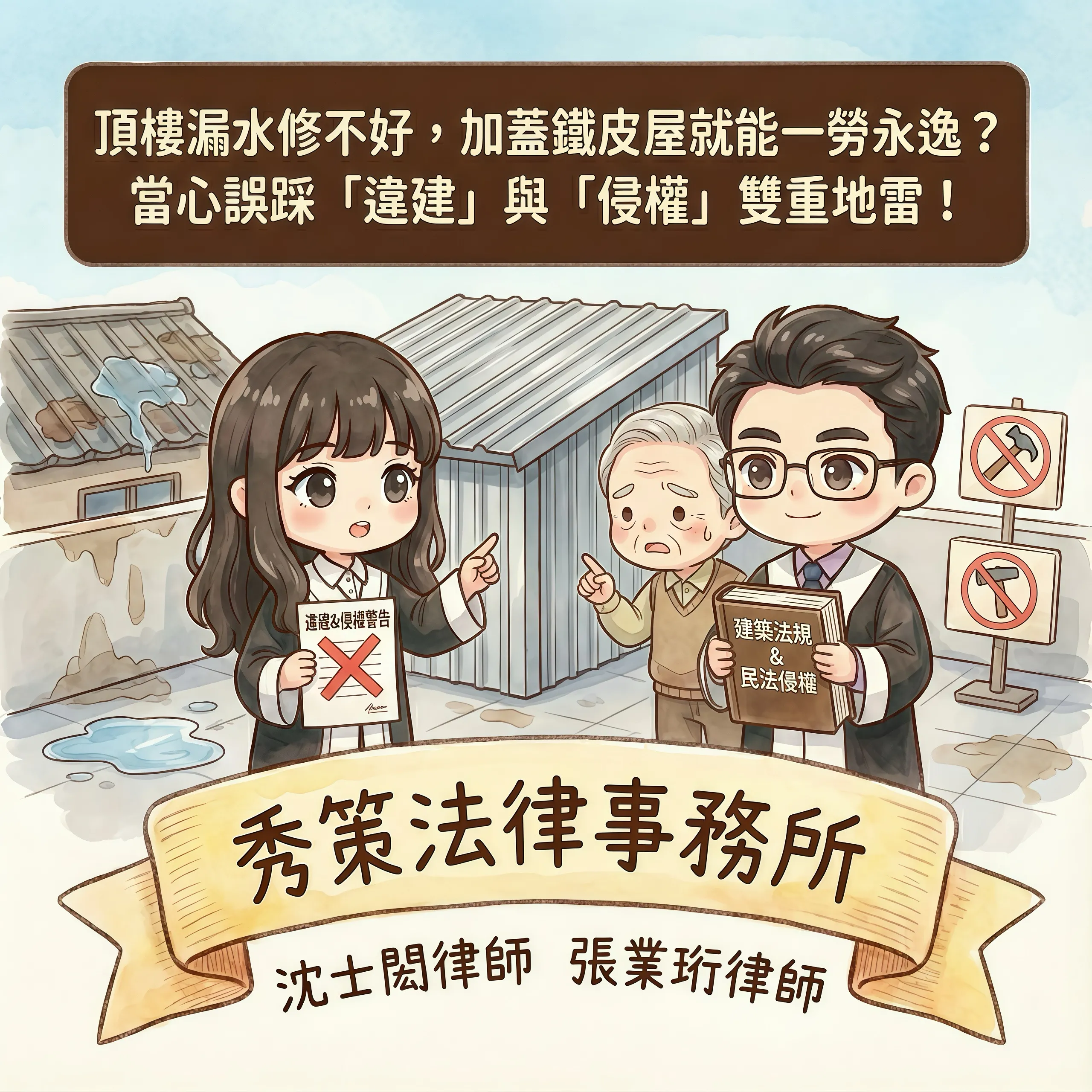 頂樓漏水修不好,加蓋鐵皮屋就能一勞永逸?當心誤踩「違建」與「侵權」雙重地雷! 社區法律顧問 / 新莊區律師推薦 / 台北律師推薦 / 社區訴訟律師推薦/台北律師事務所/台北律師推薦