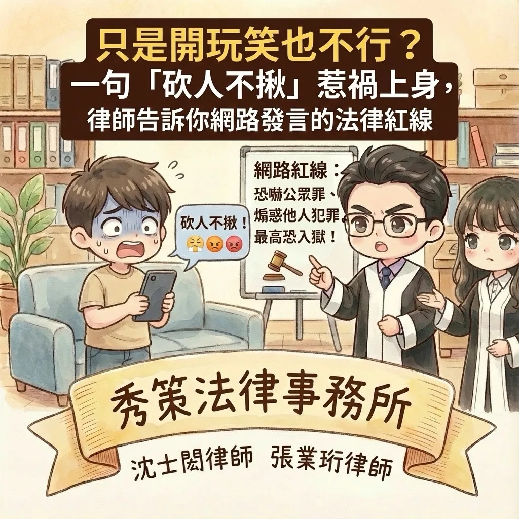 只是開玩笑也不行?一句「砍人不揪」惹禍上身,律師告訴你網路發言的法律紅線 刑事辯護律師 / 刑事辯護律師推薦 / 台北刑事辯護律師 / 台北刑事辯護律師推薦 / 新莊區刑事辯護律師 / 新莊區刑事辯護律師推薦