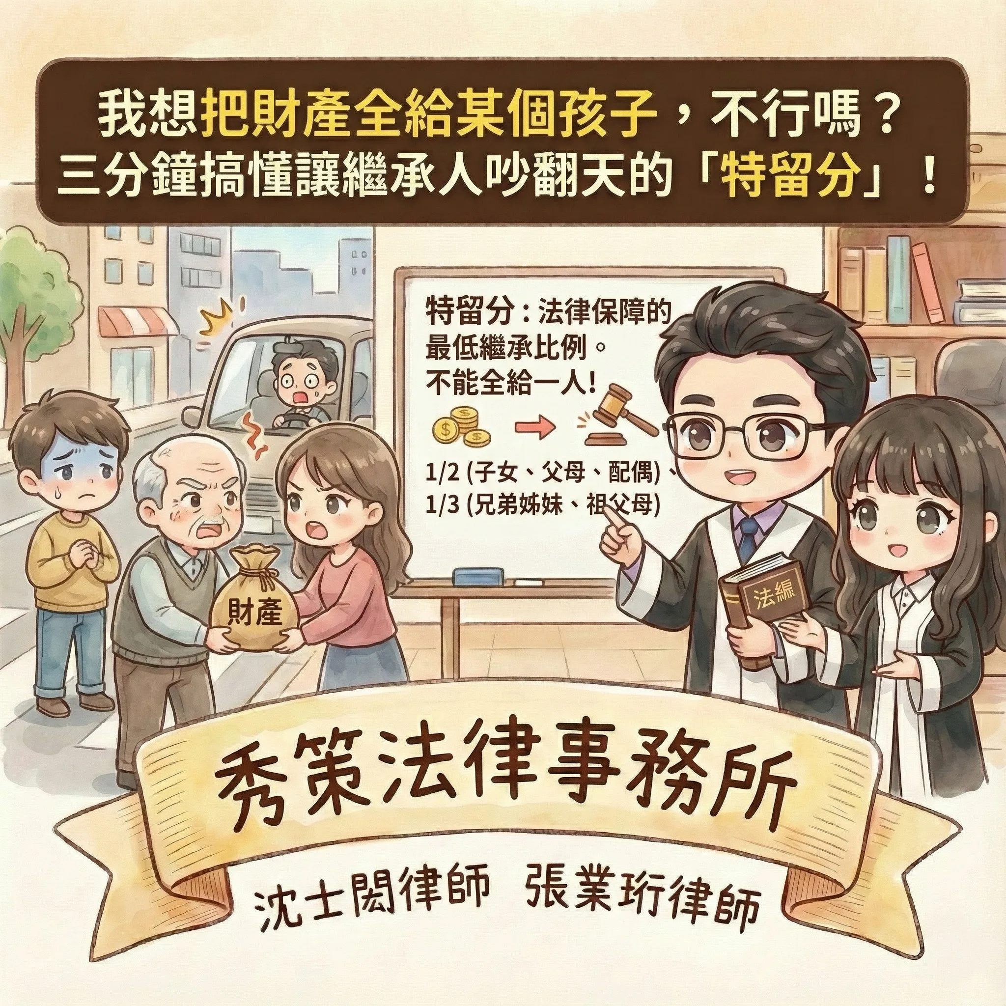 我想把財產全給某個孩子,不行嗎?三分鐘搞懂讓繼承人吵翻天的「特留分」! #遺囑律師 #遺囑訴訟律師 #代筆遺囑律師 #代筆遺囑律師推薦 #台北代筆遺囑律師 #台北代筆遺囑律師推薦 #新北代筆遺囑律師 #新北代筆遺囑律師推薦