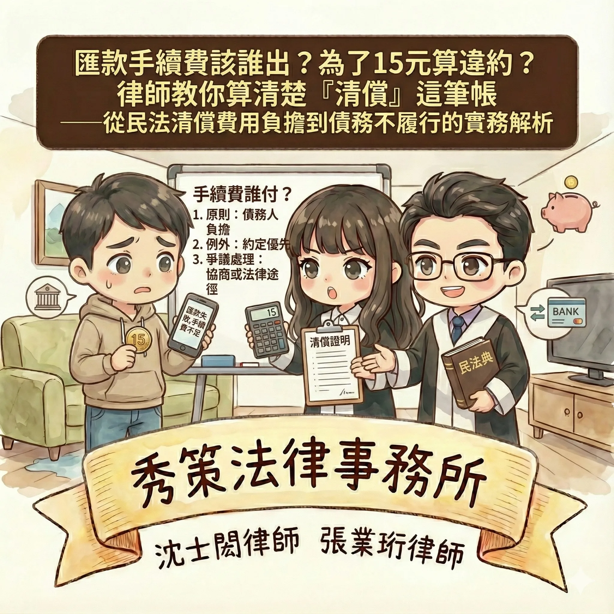 匯款手續費該誰出?為了15元算違約?律師教你算清楚「清償」這筆帳 #律師事務所 #律師推薦 #台北律師事務所 #新北律師推薦 #新北律師事務所 #刑事訴訟律師 #民事訴訟律師推薦 #台北民事訴訟律師推薦