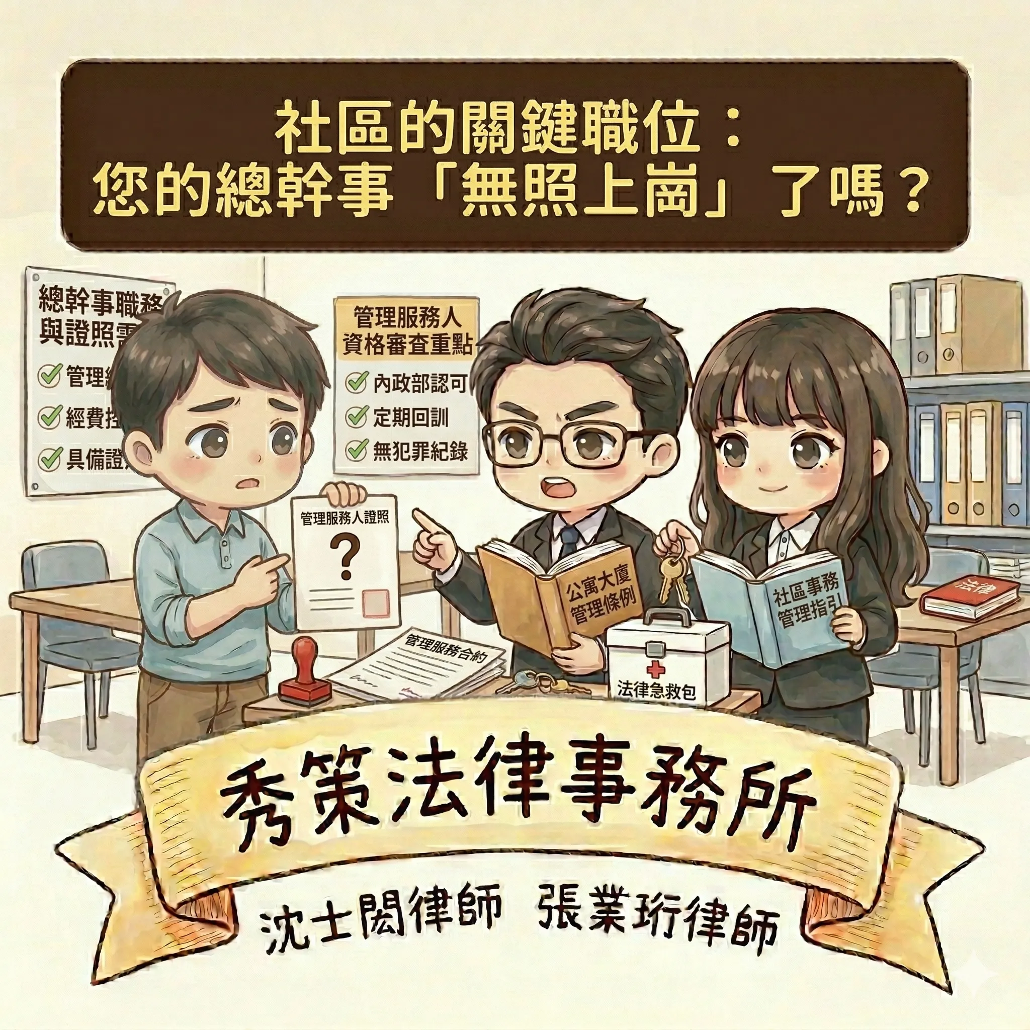 社區的關鍵職位:您的總幹事「無照上崗」了嗎? 社區法律顧問 / 新莊區律師推薦 / 台北律師推薦 / 社區訴訟律師推薦/台北律師事務所/台北社區律師推薦 / 新北社區律師推薦 / 社區紛爭律師推薦/社區治理律師推薦