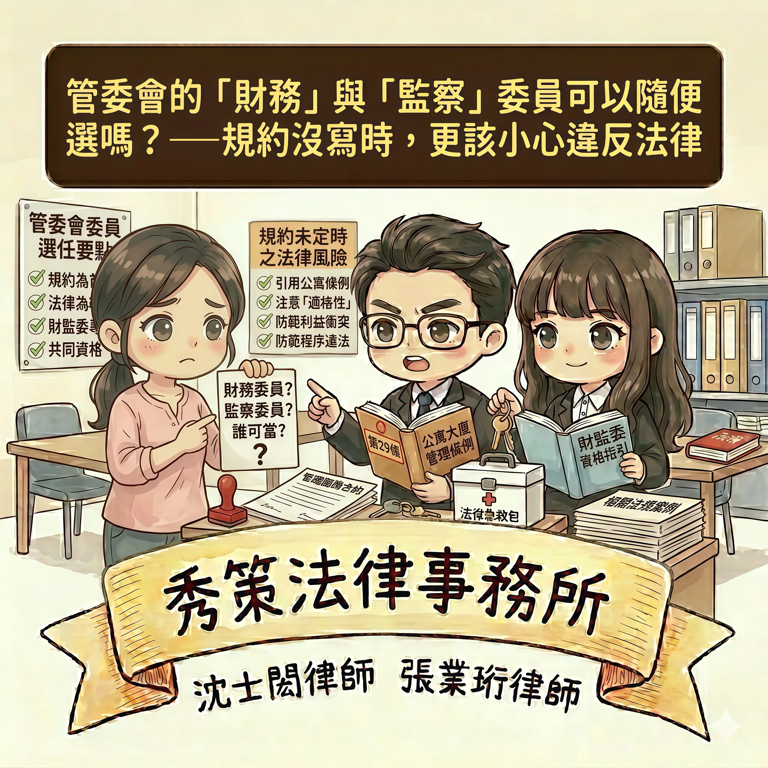 管委會的「財務」與「監察」委員可以隨便選嗎?——規約沒寫時,更該小心違反法律 社區法律顧問 / 新莊區律師推薦 / 台北律師推薦 / 社區訴訟律師推薦/台北律師事務所/台北社區律師推薦 / 新北社區律師推薦 / 社區紛爭律師推薦