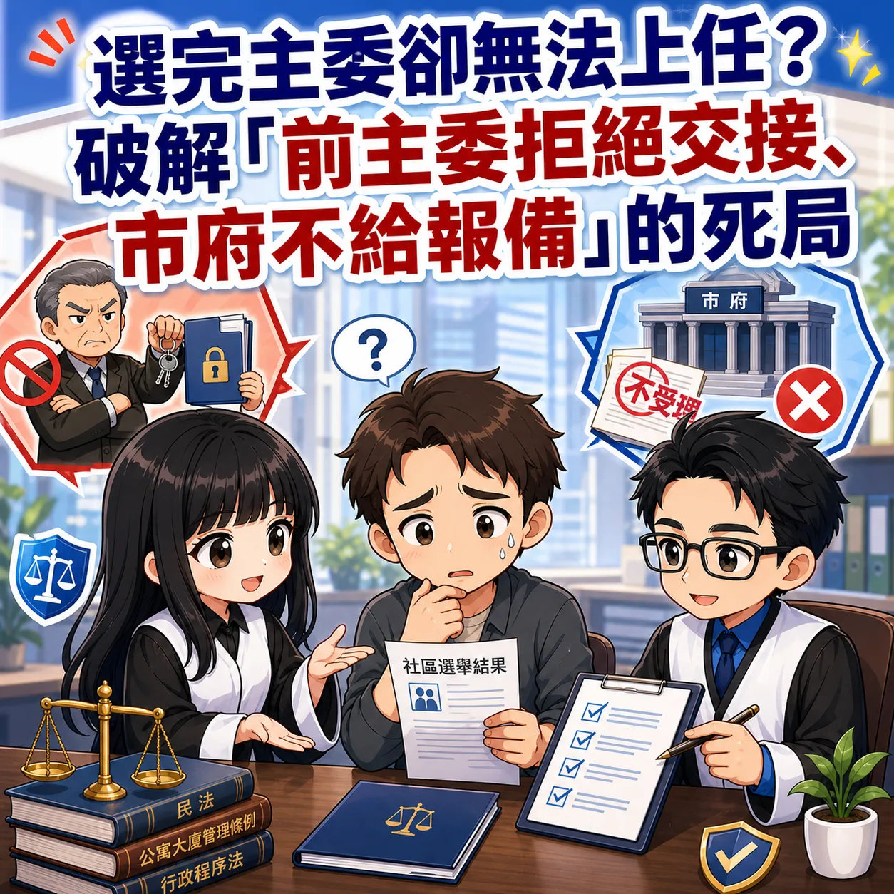 選完主委卻無法上任?破解「前主委拒絕交接、市府不給報備」的死局 社區法律顧問 / 新莊區律師推薦 / 台北律師推薦 / 社區訴訟律師推薦/台北律師事務所/台北社區律師推薦 / 新北社區律師推薦 / 社區紛爭律師推薦/社區治理律師推薦