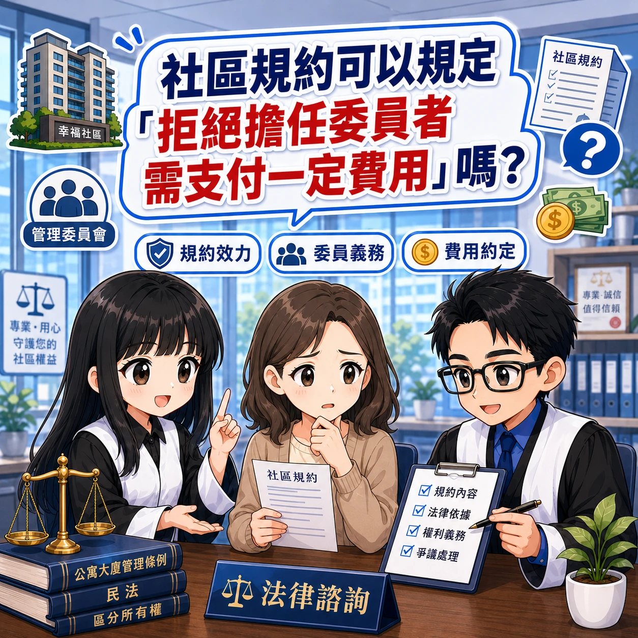 社區規約可以規定「拒絕擔任委員者需支付一定費用」嗎? 社區法律顧問 / 新莊區律師推薦 / 台北律師推薦 / 社區訴訟律師推薦/台北律師事務所/台北社區律師推薦 / 新北社區律師推薦 / 社區紛爭律師推薦/社區治理律師推薦