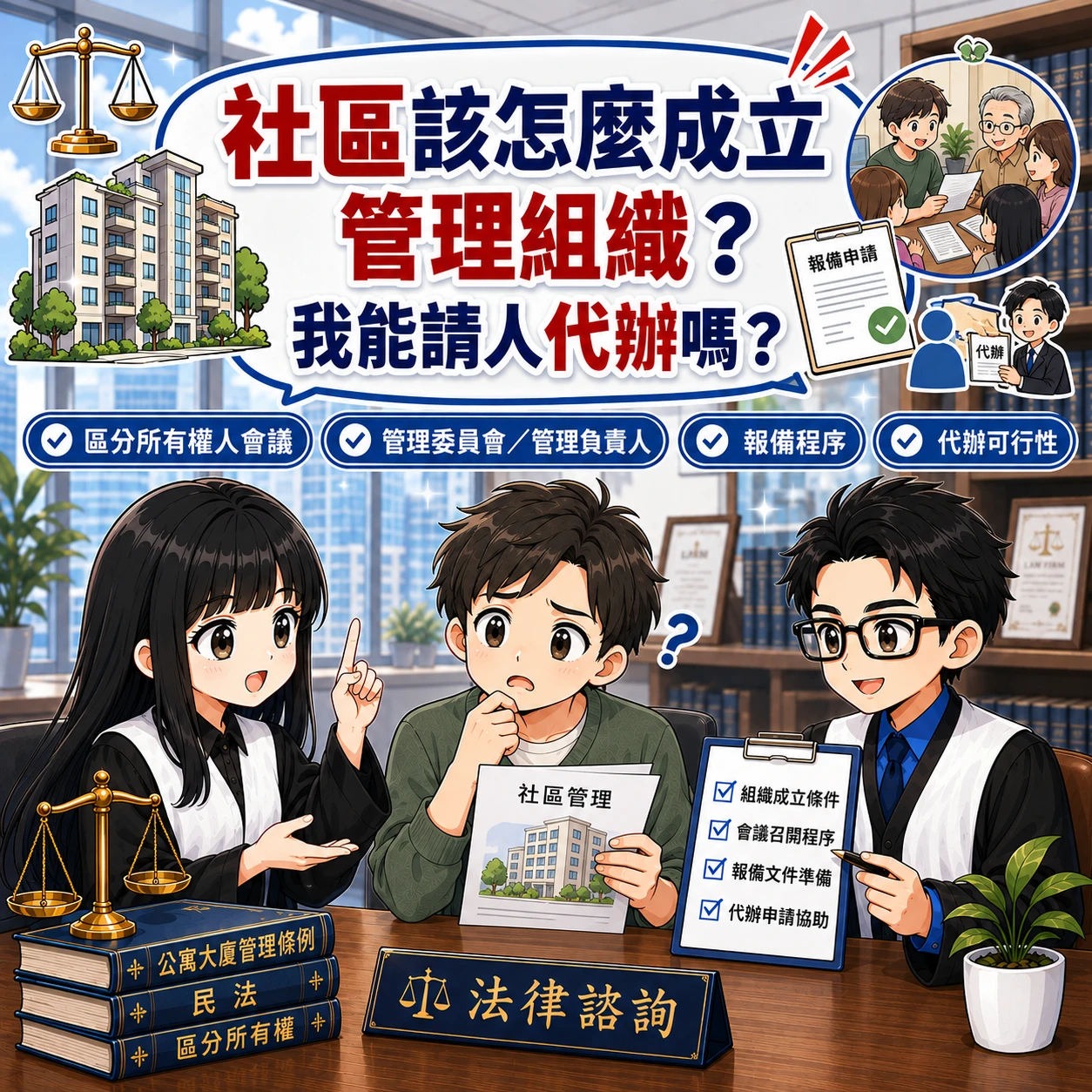 社區該怎麼成立管理組織？我能請人代辦嗎？  社區法律顧問 / 新莊區律師推薦 / 台北律師推薦 / 社區訴訟律師推薦／台北律師事務所／台北社區律師推薦 / 新北社區律師推薦 /  社區紛爭律師推薦／社區治理律師推薦