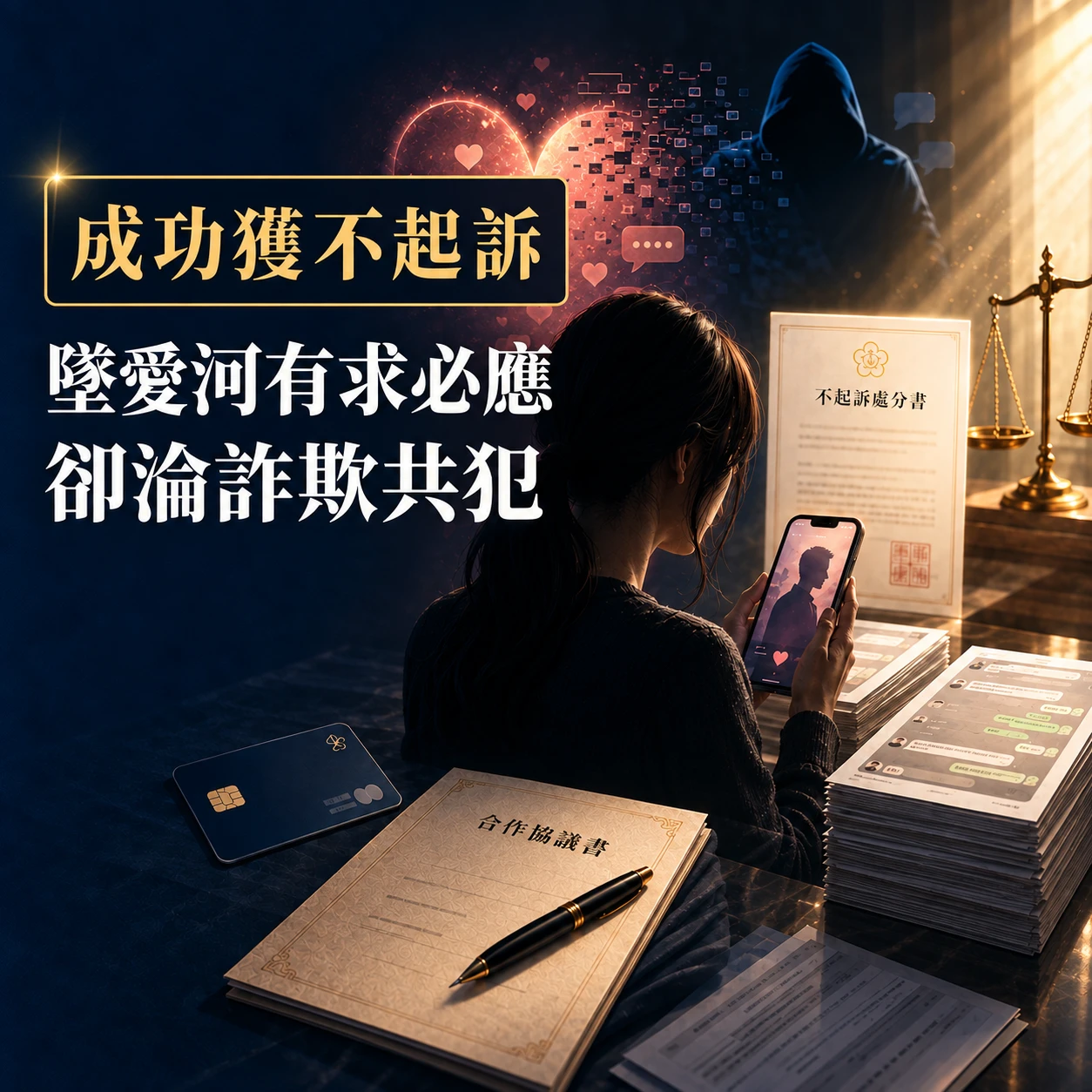 墜愛河有求必應卻淪詐欺共犯|律師精準掌握成功爭取不起訴!台中法律顧問/西區法律顧問