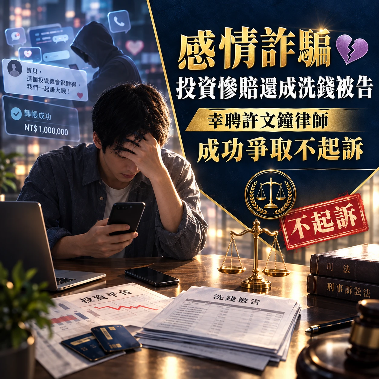 感情詐騙投資慘賠還成洗錢被告｜幸聘許文鐘律師成功爭取不起訴