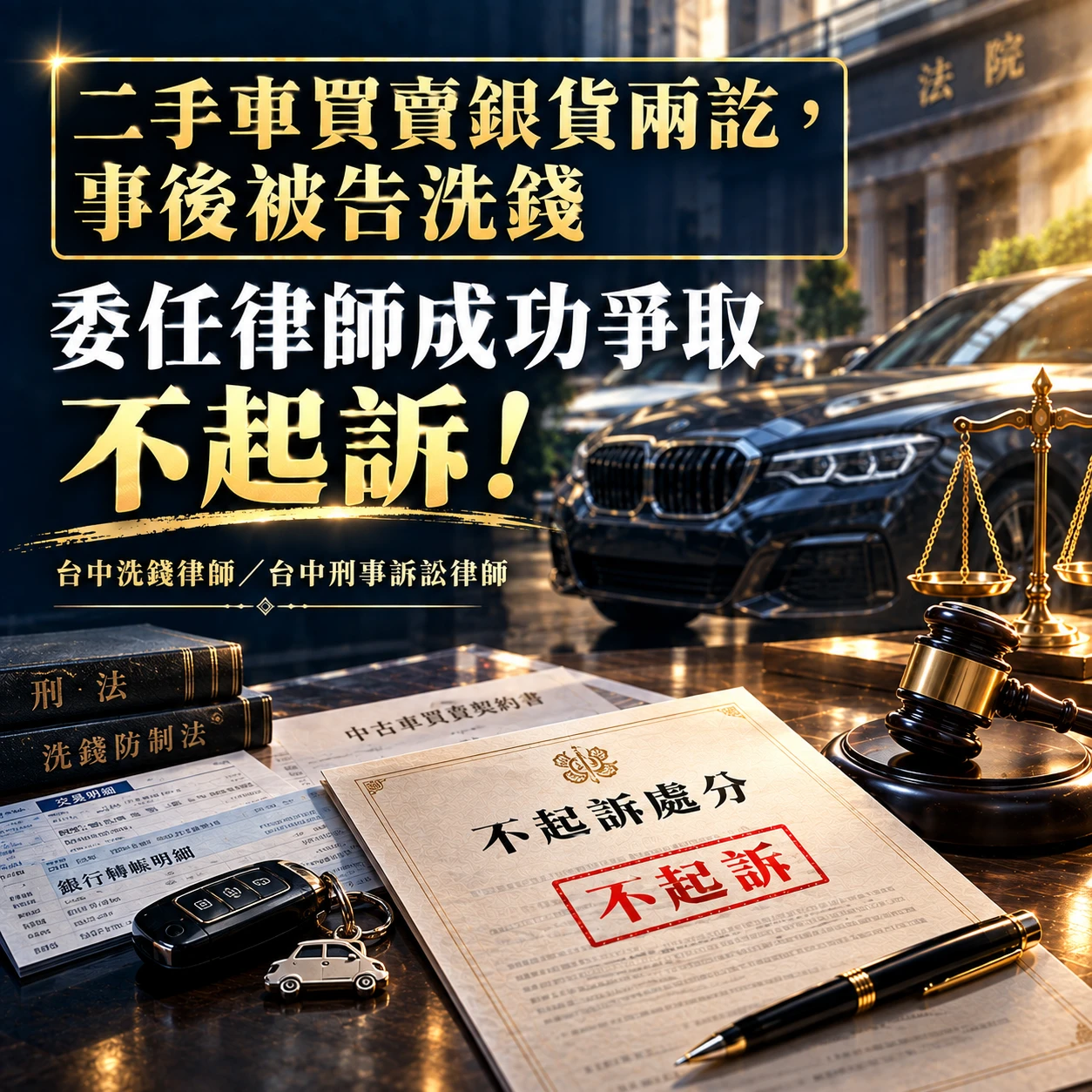 二手車買賣銀貨兩訖，事後被告洗錢｜幸委趙若竹律師辯護順利不起訴！台中洗錢律師/台中刑事訴訟律師