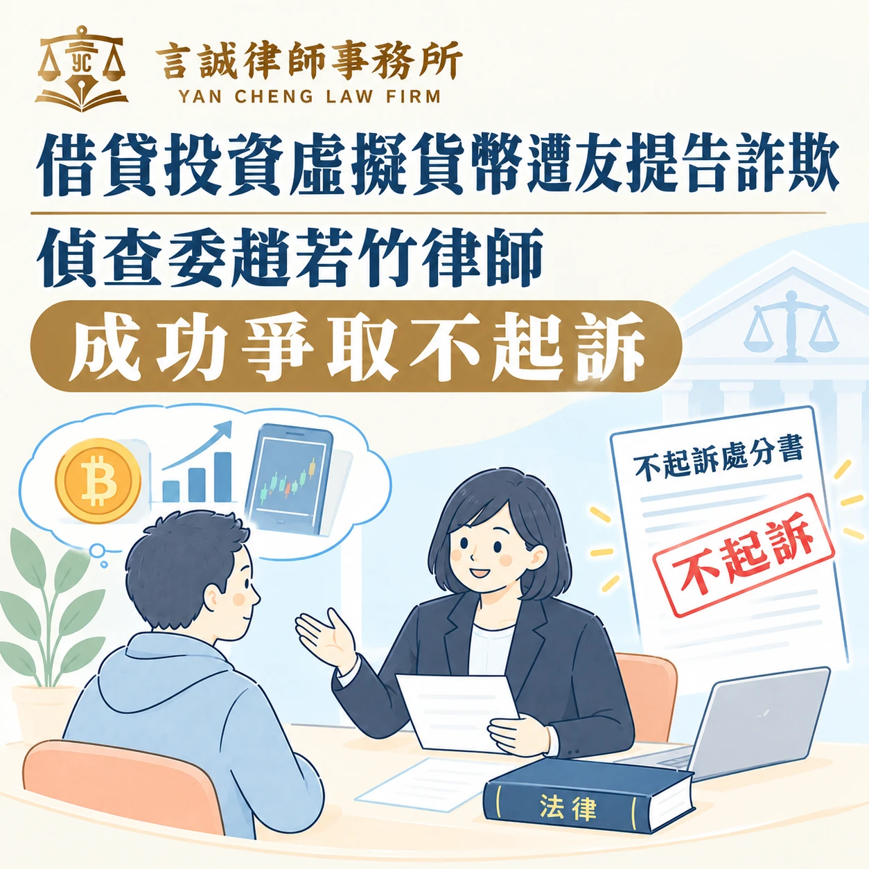 借貸投資虛擬貨幣遭友提告詐欺｜偵查委趙若竹律師成功爭取不起訴！台中刑事律師/台中詐欺律師
