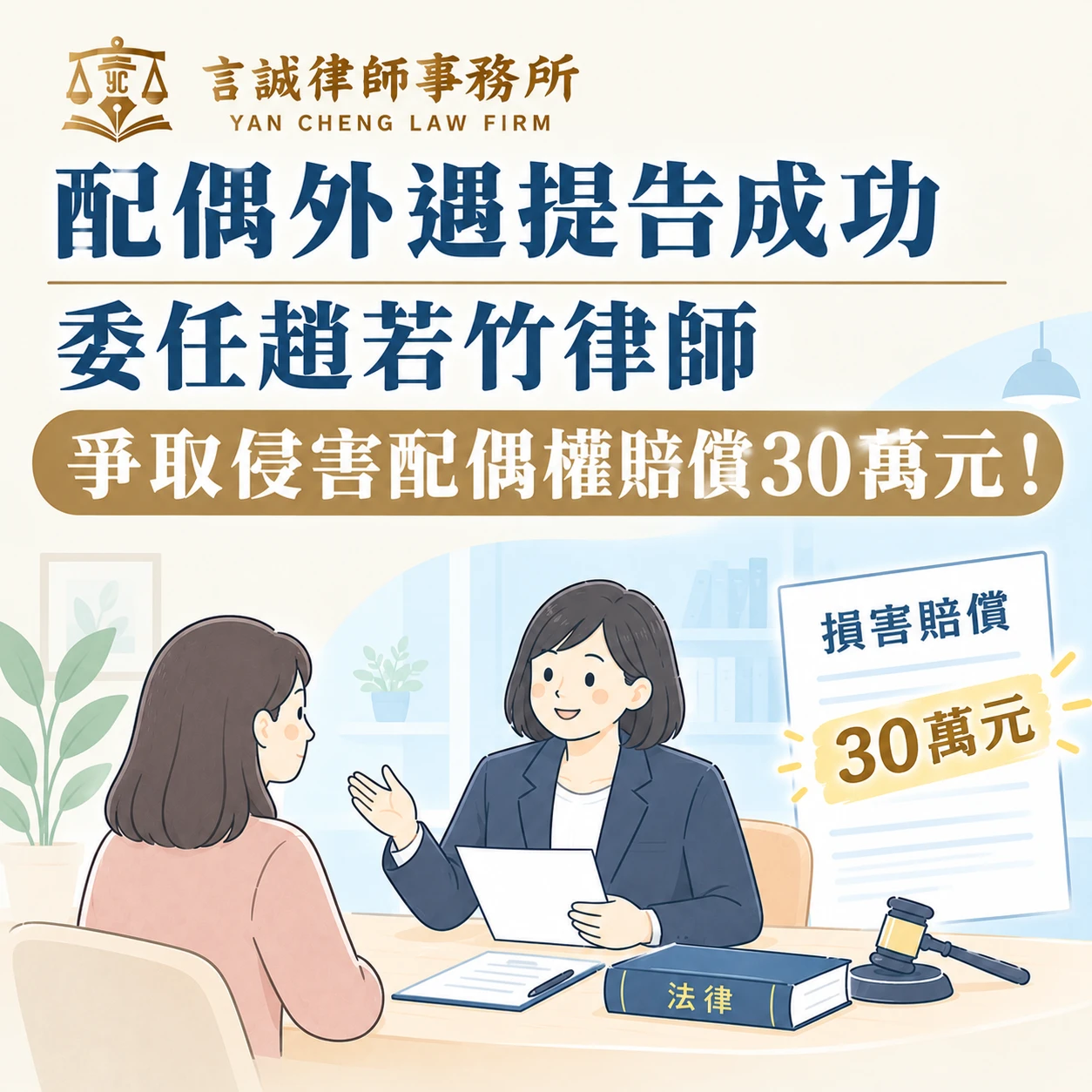 配偶外遇提告成功｜委任趙若竹律師爭取侵害配偶權賠償30萬元！台中侵害配偶權律師/台中家事律師